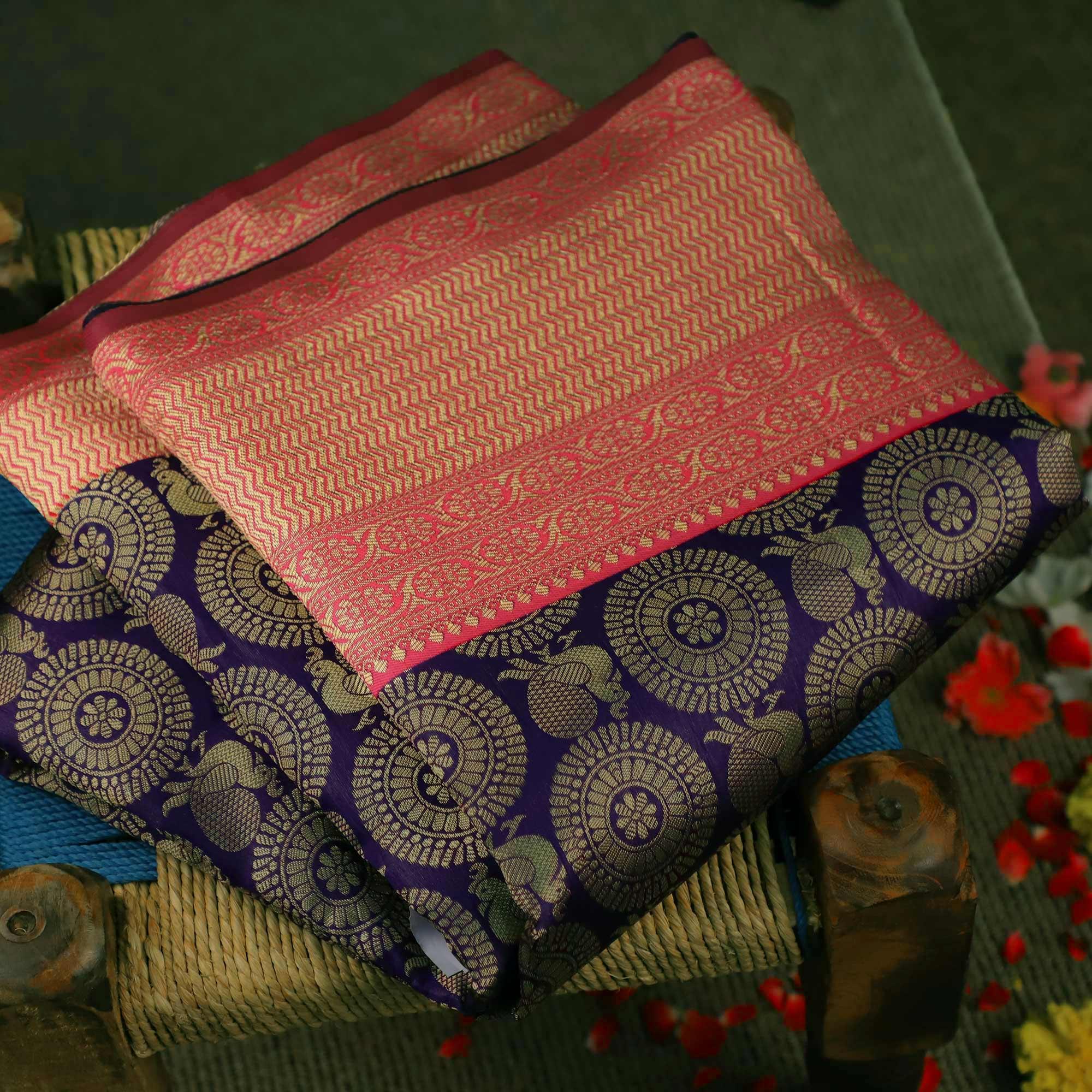 Majesty Violet Colored Festive Wear Woven Soft Silk Saree - Peachmode