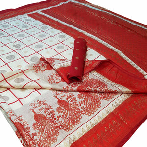 Majesty White Colored Festive Wear Foil Printed Silk Saree - Peachmode