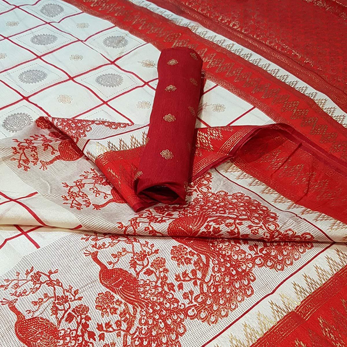 Majesty White Colored Festive Wear Foil Printed Silk Saree - Peachmode