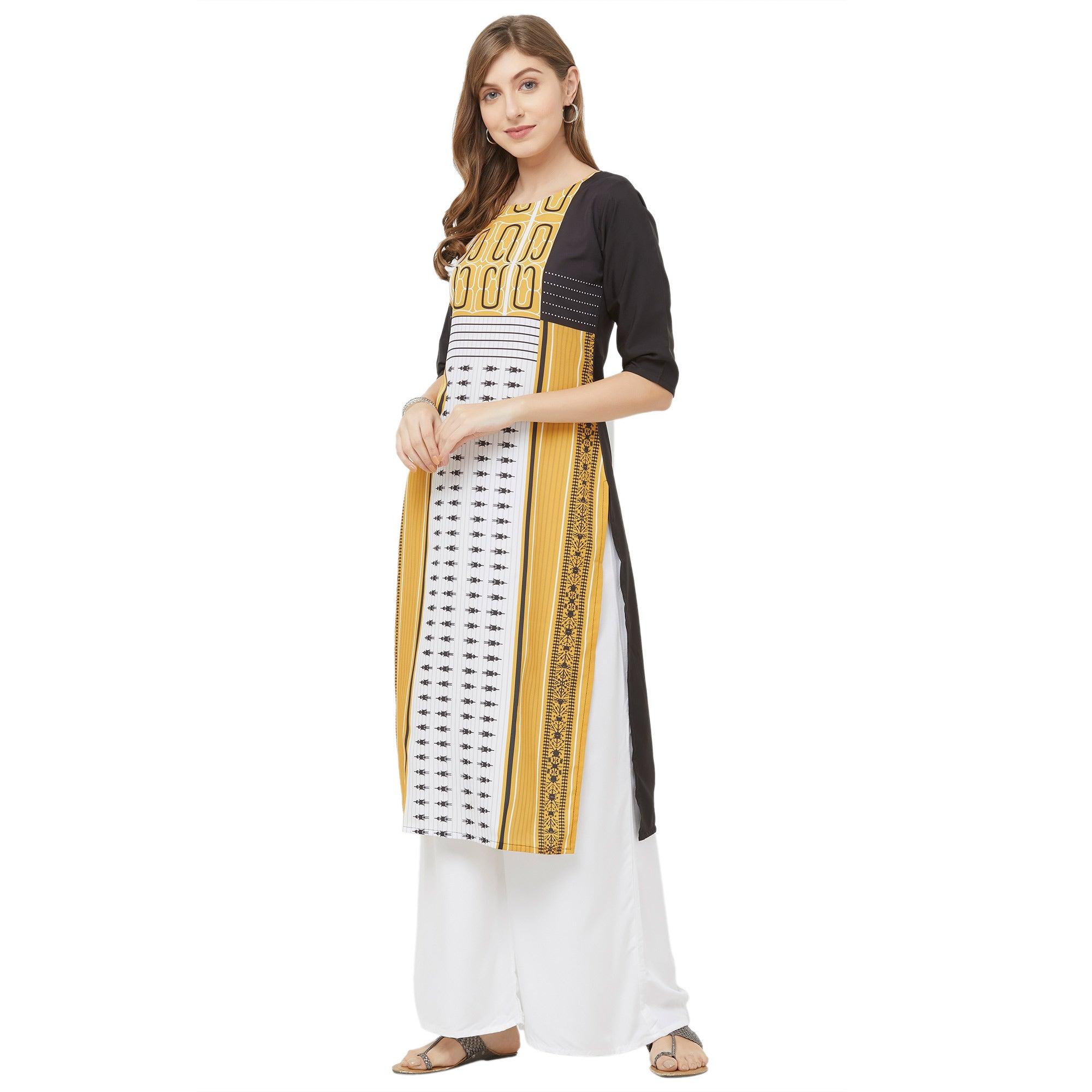 Majesty White-Yellow Colored Casual Printed Crepe Kurti - Peachmode