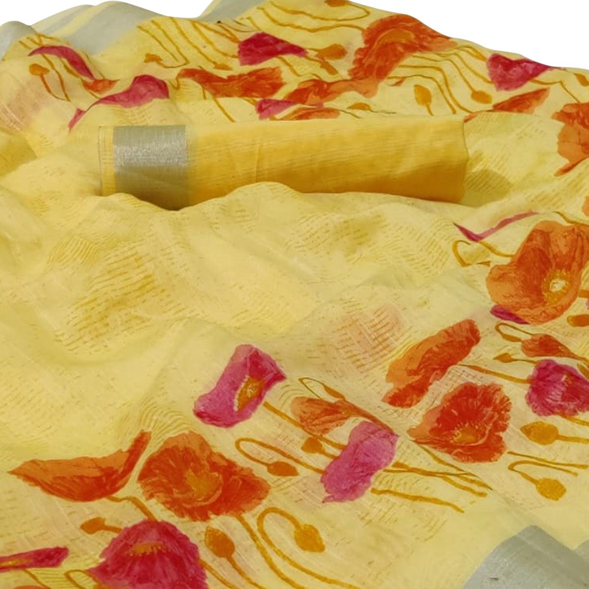 Majesty Yellow Colored Casual Floral Printed Linen Saree - Peachmode