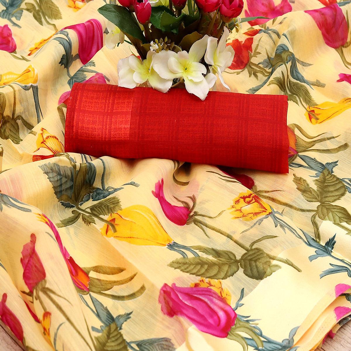 Majesty Yellow Colored Casual Wear Floral Printed Cotton Blend Saree - Peachmode