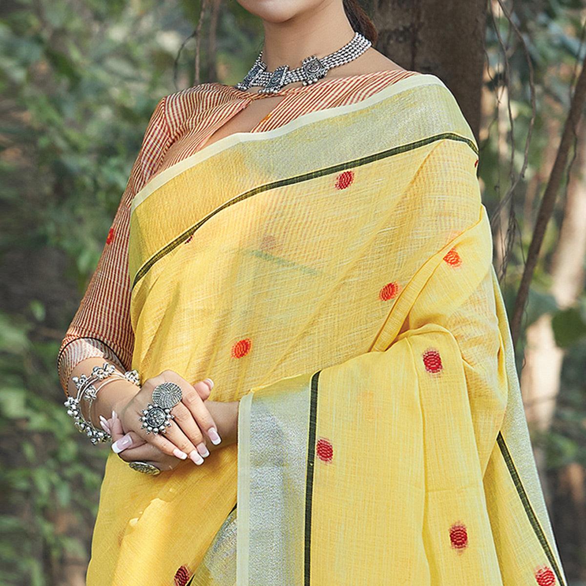 Majesty Yellow Colored Festive Wear Printed Linen Saree - Peachmode