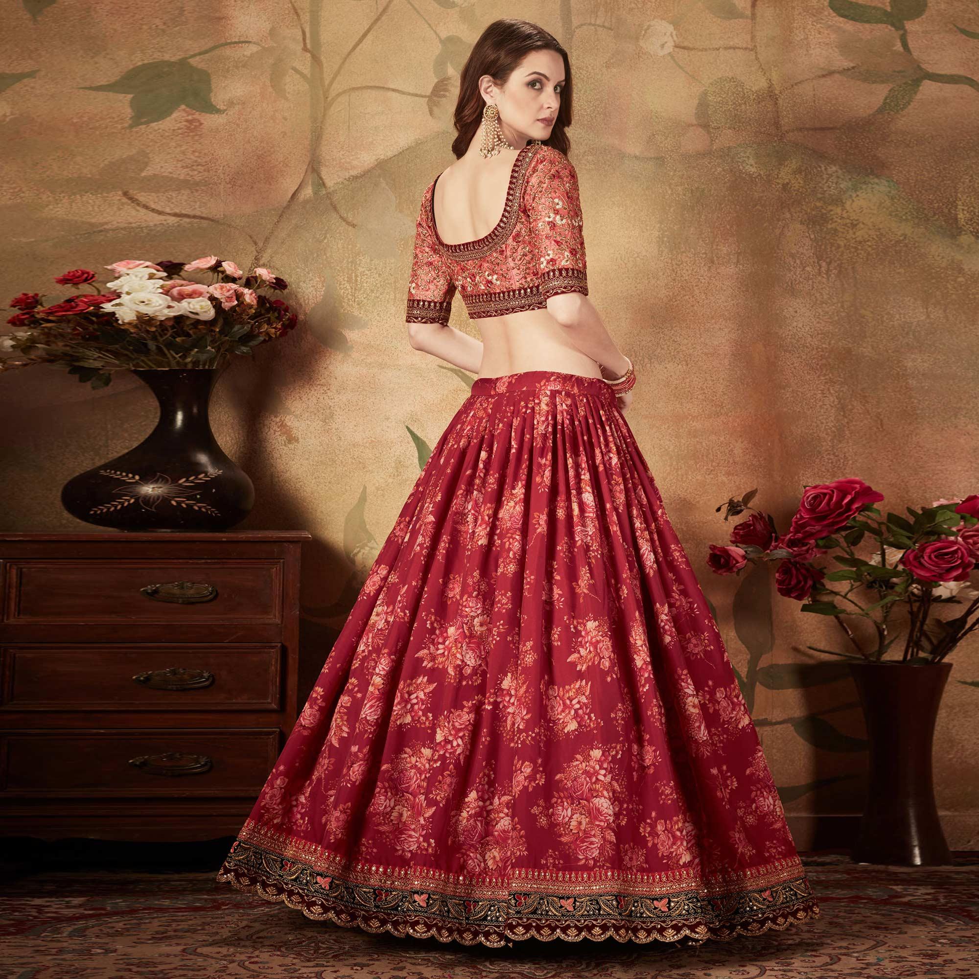 Maroon & Peach Partywear Floral Print With Sequins Embroidery Organza Lehenga Choli - Peachmode