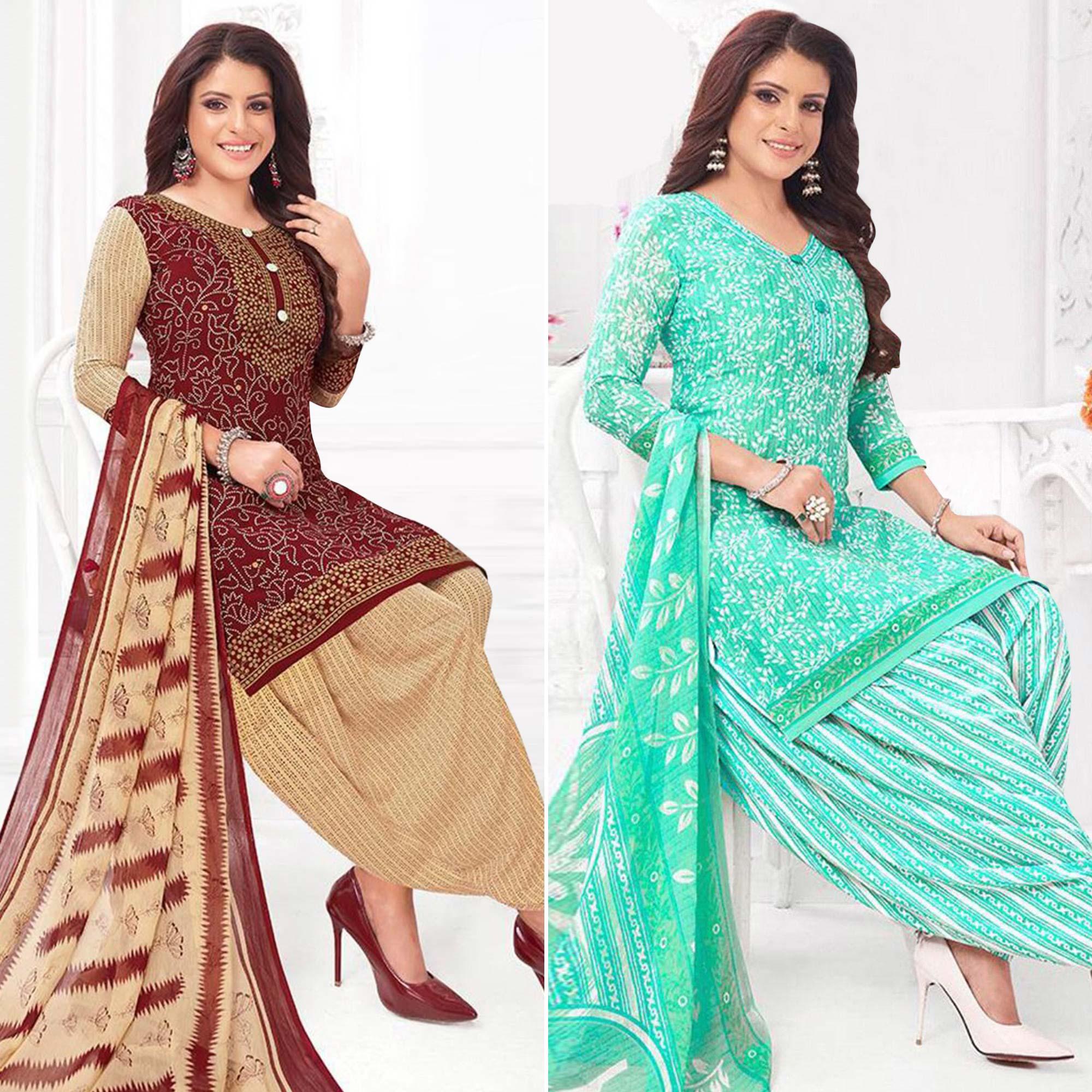 Maroon And Turquoise Patiala Crepe Dress Material Pack Of 2 - Peachmode
