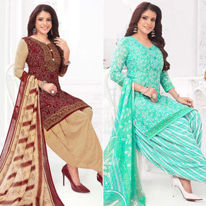 Maroon And Turquoise Patiala Crepe Dress Material Pack Of 2 - Peachmode