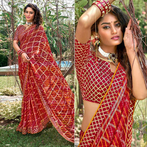 Maroon Bandhani Printed-Checks Weaving Chiffon Saree - Peachmode
