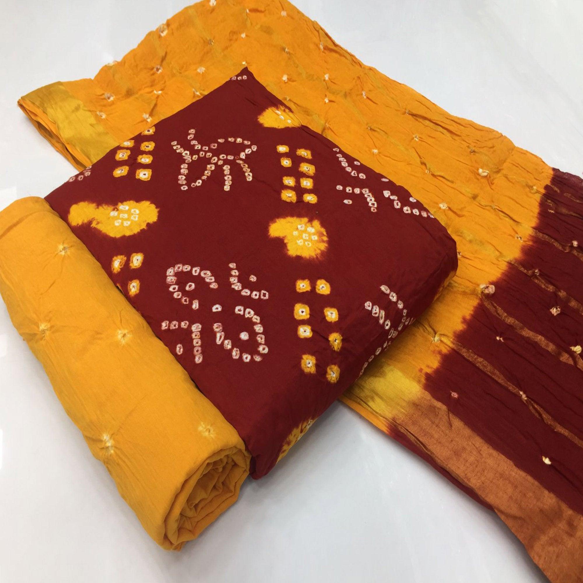 Maroon Bandhani Printed Pure Cotton Dress Material - Peachmode