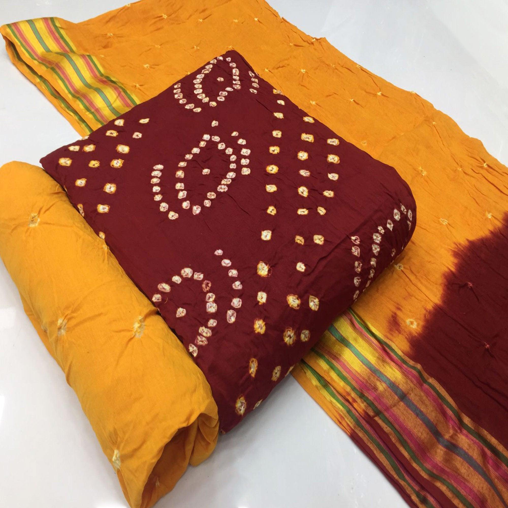 Maroon Bandhani Printed Pure Cotton Dress Material - Peachmode