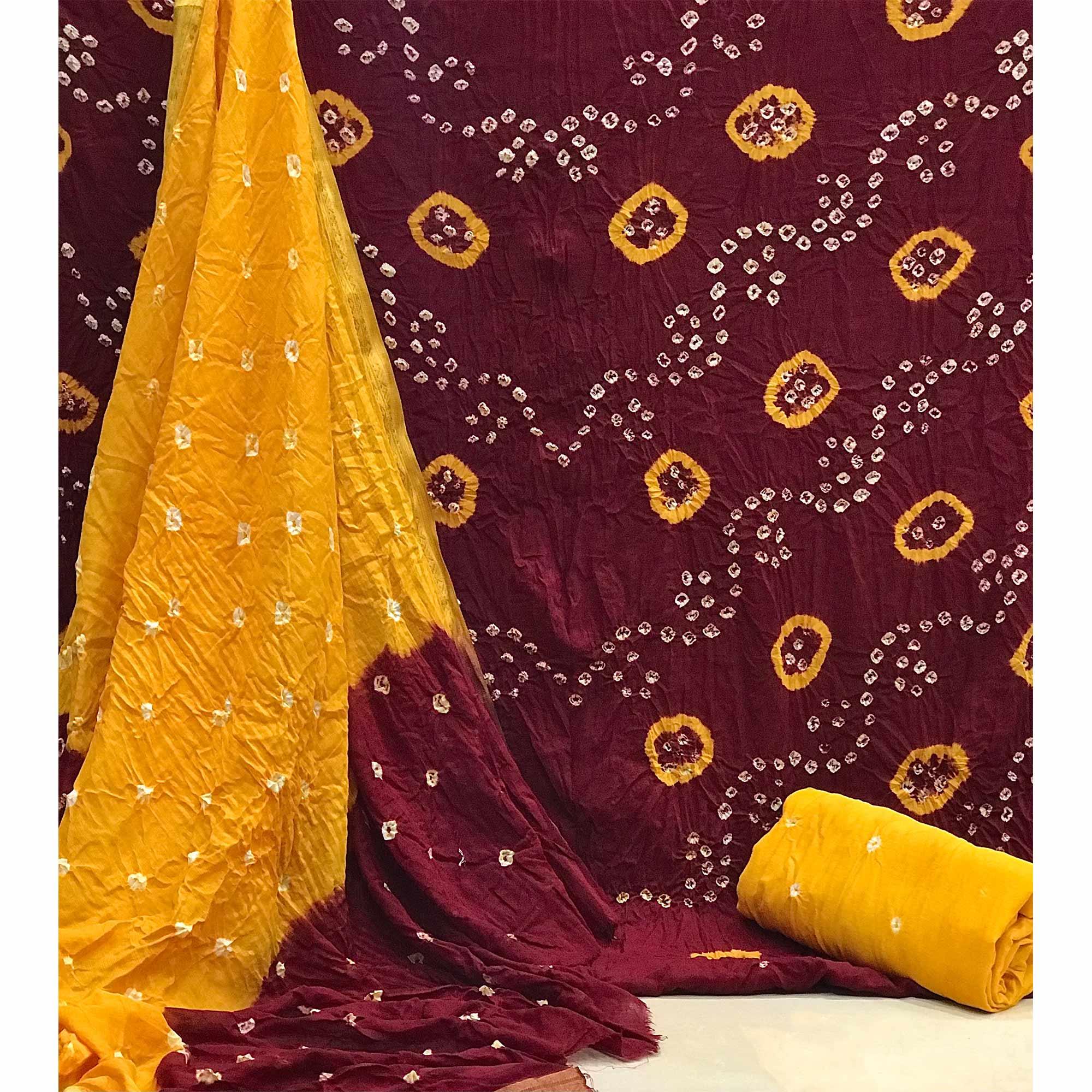 Maroon Bandhani Printed Pure Cotton Dress Material - Peachmode