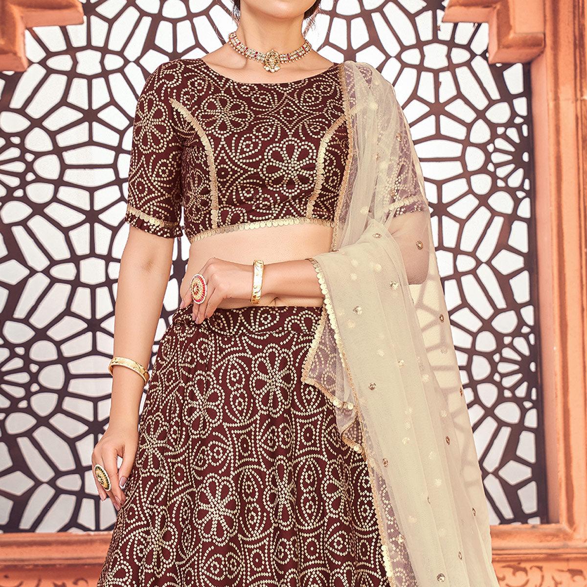 Maroon Bandhani Printed Tapetta Silk Lehenga Choli - Peachmode