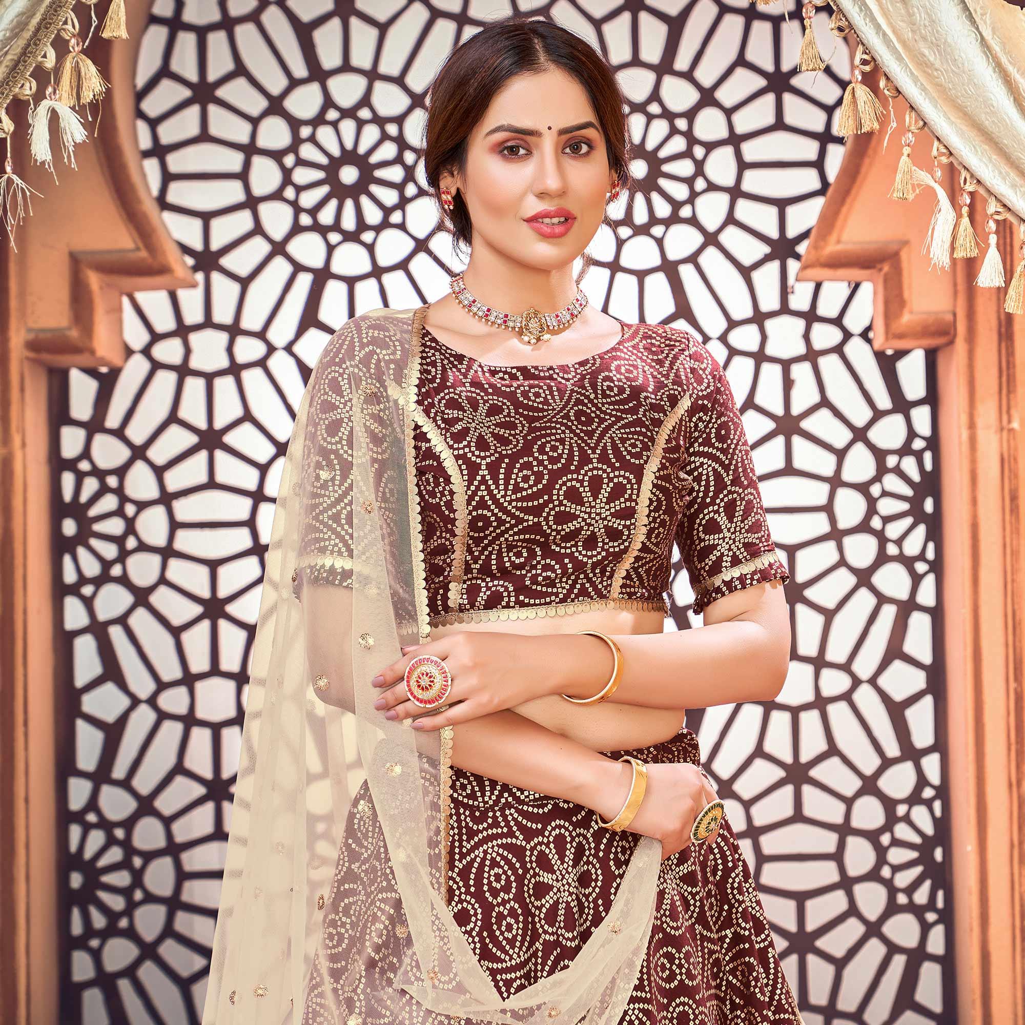 Maroon Bandhani Printed Tapetta Silk Lehenga Choli - Peachmode