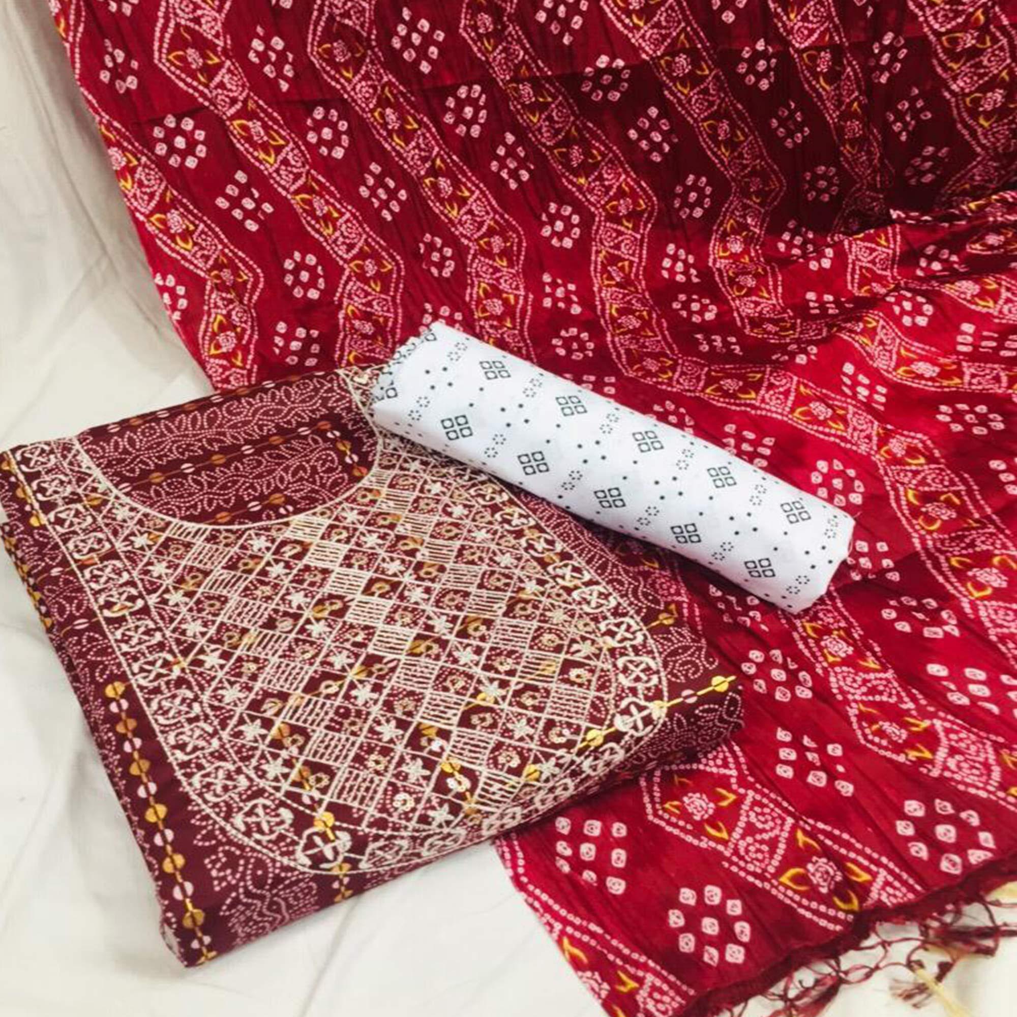 Maroon Bandhani Printed With Embellished Cotton Blend Dress Material - Peachmode