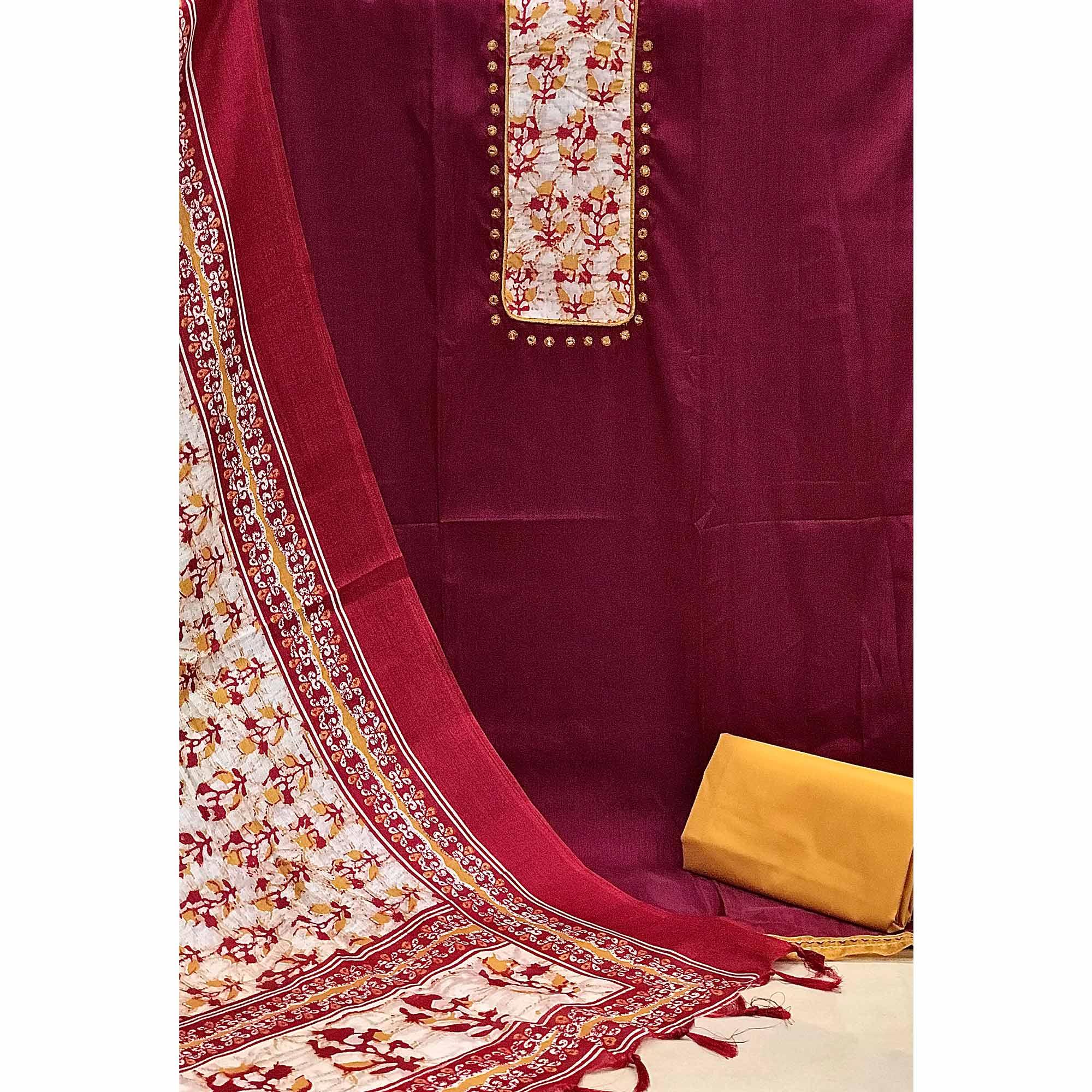 Maroon Batik Printed Art Silk Dress Material - Peachmode