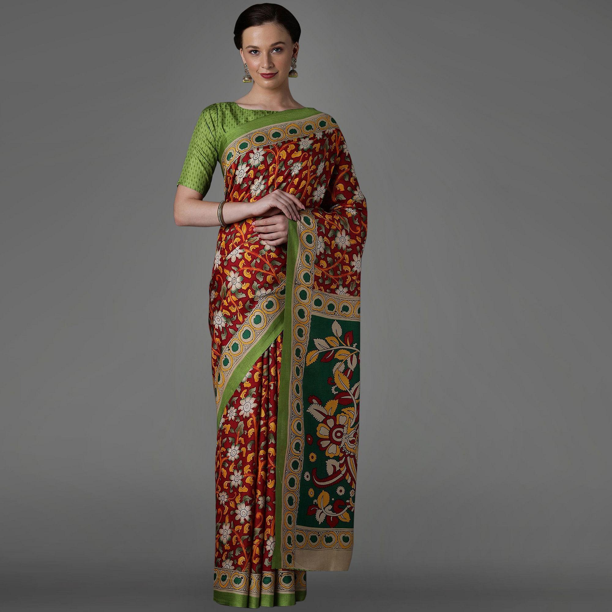 Maroon Casual Art Silk Printed Saree With Unstitched Blouse - Peachmode