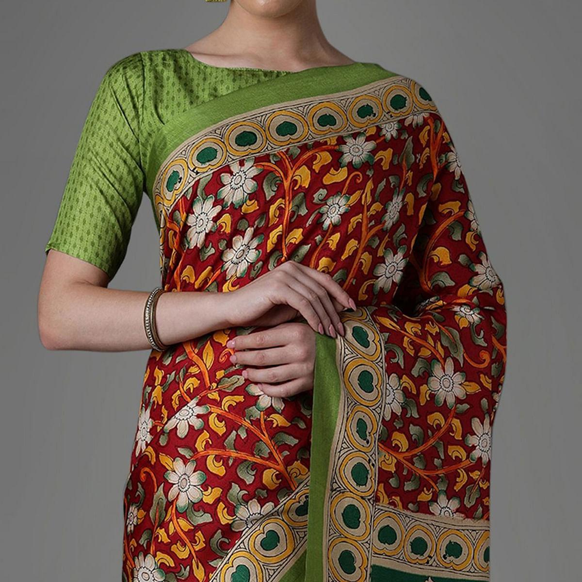 Maroon Casual Art Silk Printed Saree With Unstitched Blouse - Peachmode