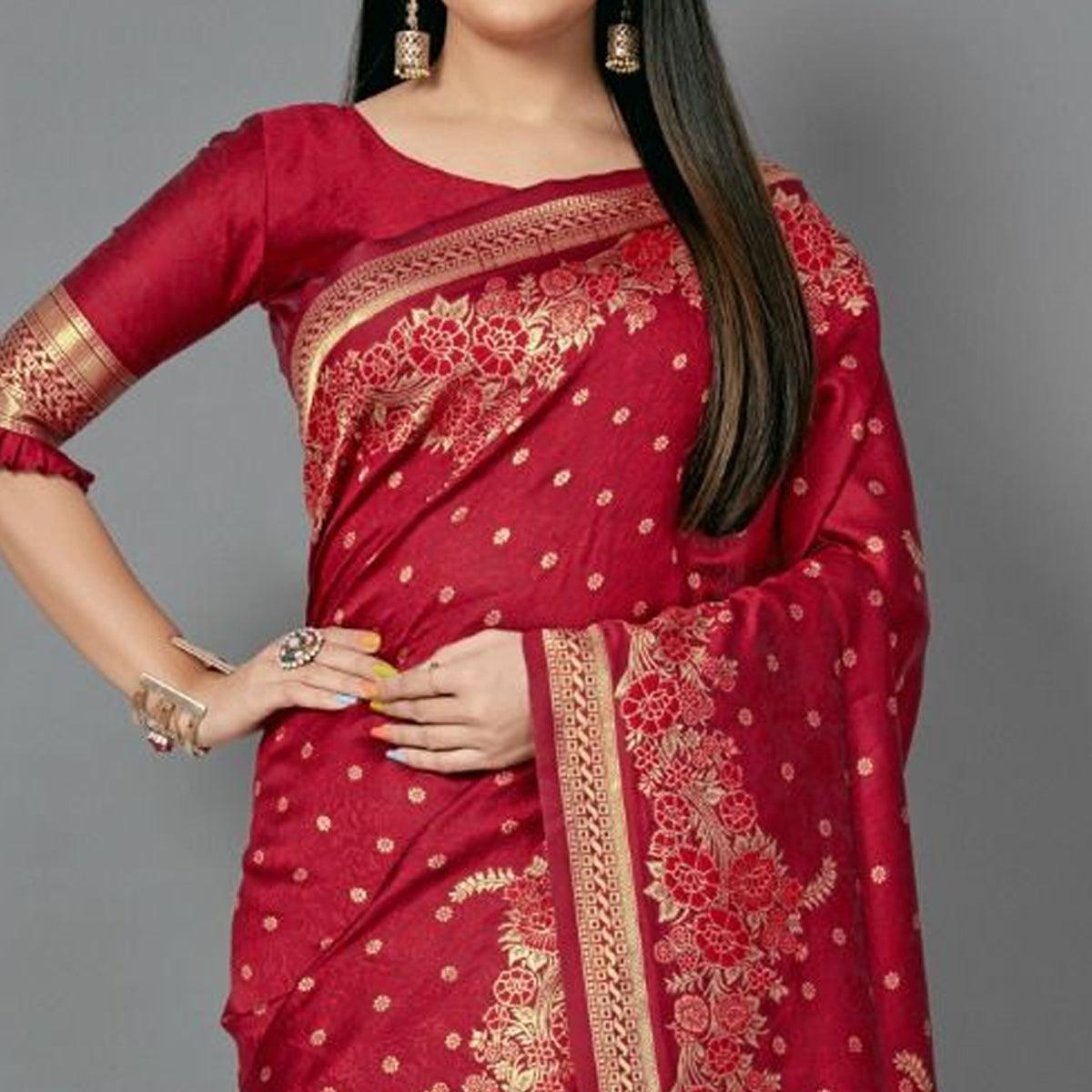Maroon Casual Silk Blend Printed Saree With Unstitched Blouse - Peachmode