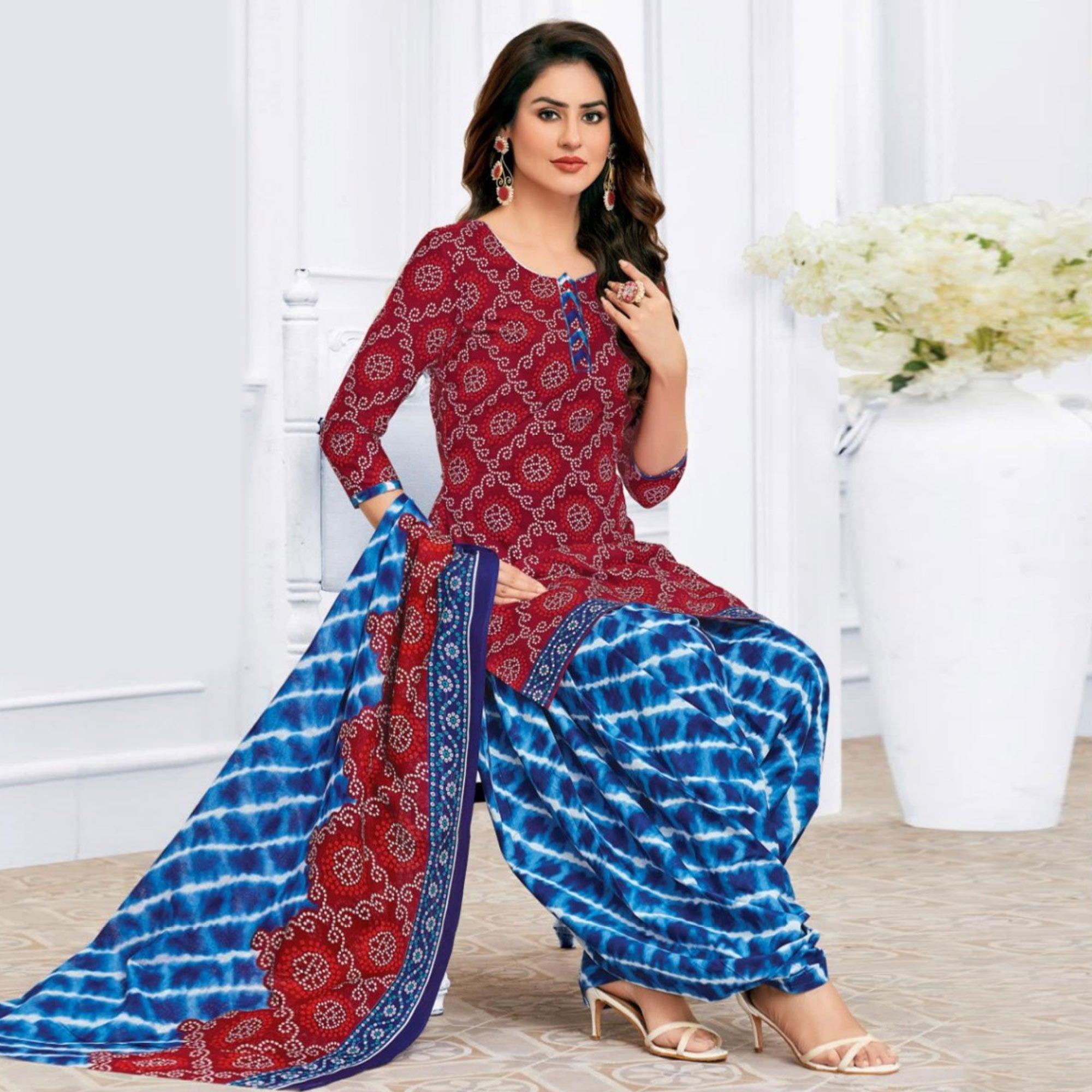 Maroon Casual Wear Bandhani Batik Printed Cotton Patiala Dress Material - Peachmode