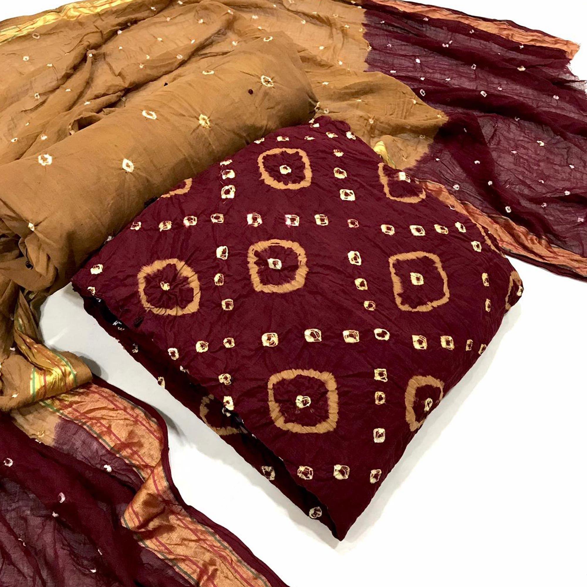 Maroon Casual Wear Bandhani Printed Pure Cotton Dress Material - Peachmode