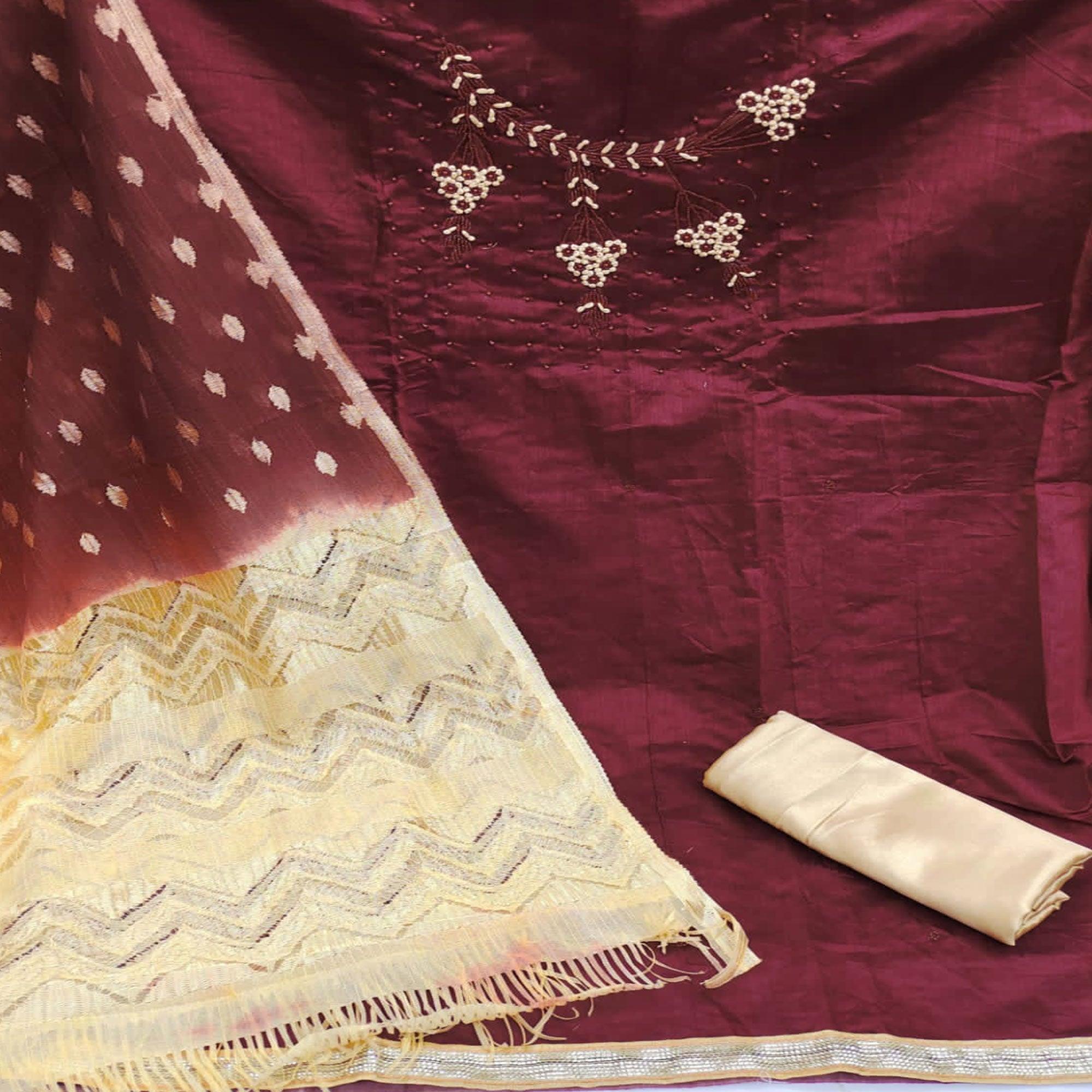 Maroon Casual Wear Embellished With Embroidered Modal Silk Dress Material - Peachmode