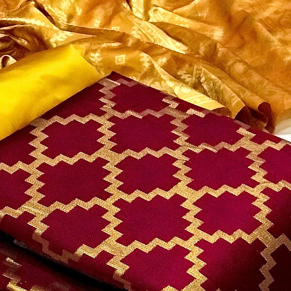 Maroon Casual Wear Embroidered Banarasi Silk Dress Material - Peachmode