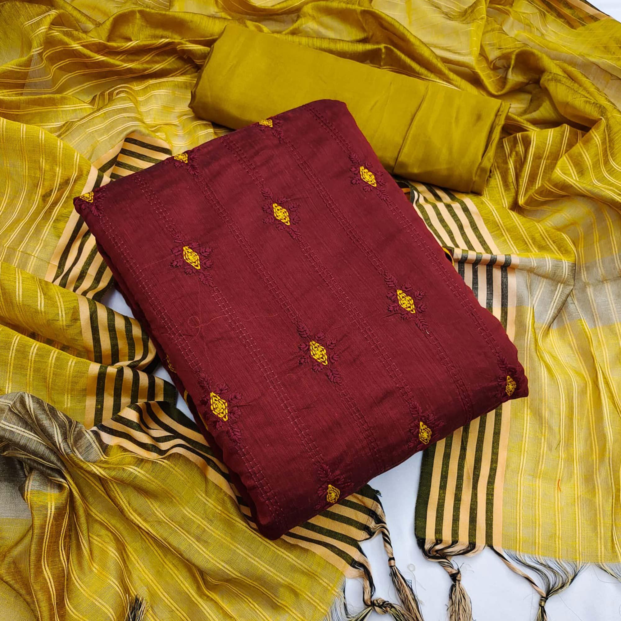 Maroon Casual Wear Embroidered Chanderi Dress Material - Peachmode