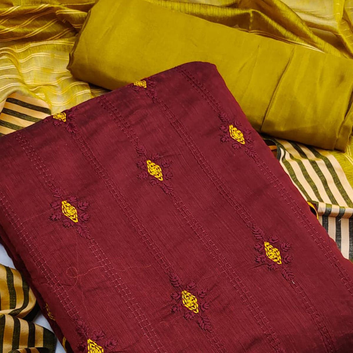 Maroon Casual Wear Embroidered Chanderi Dress Material - Peachmode