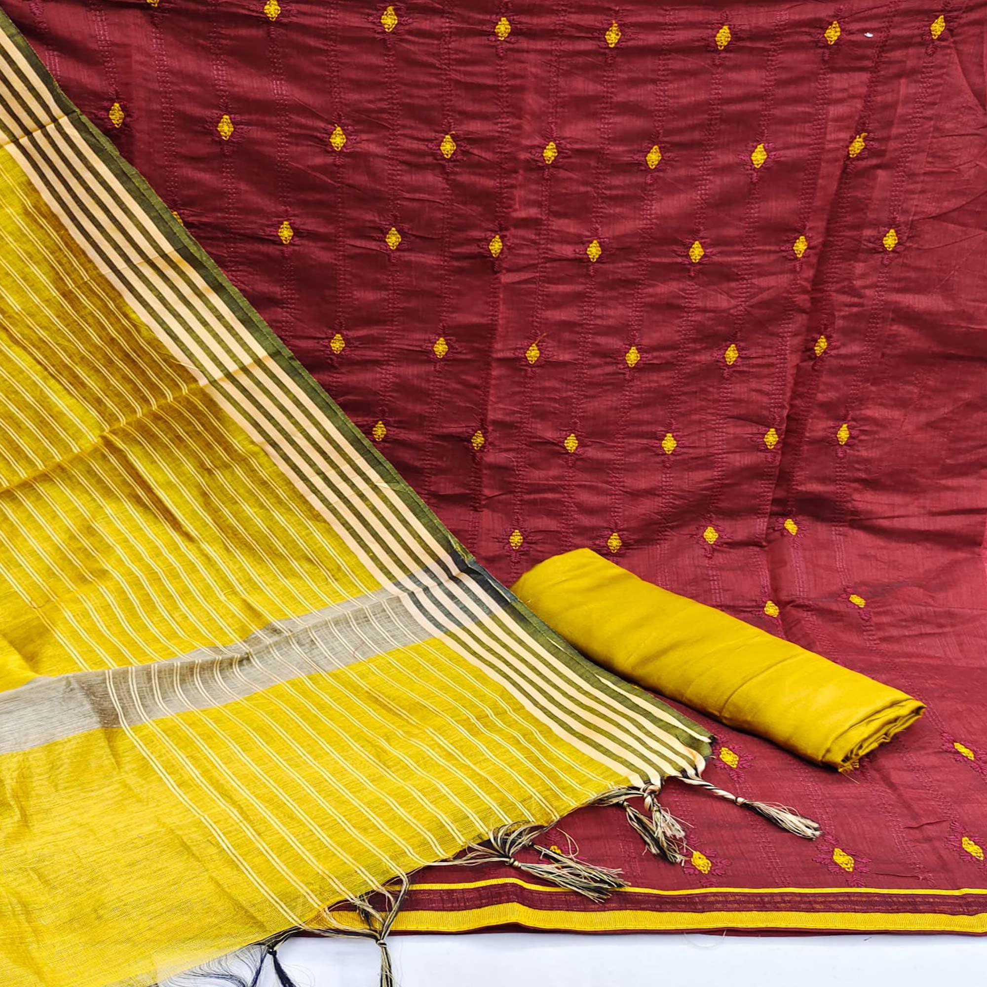 Maroon Casual Wear Embroidered Chanderi Dress Material - Peachmode