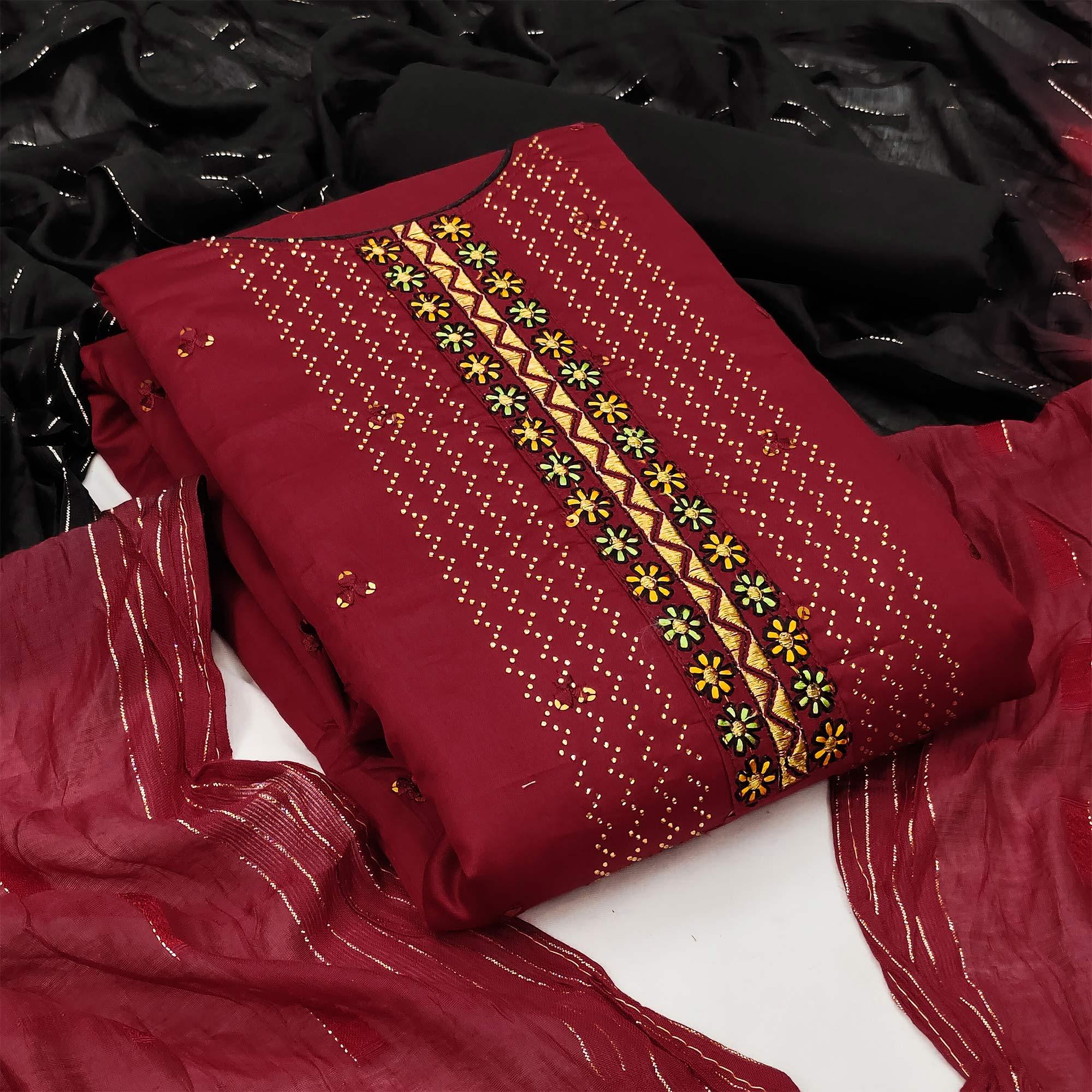 Maroon Casual Wear Embroidered Cotton Dress Material - Peachmode