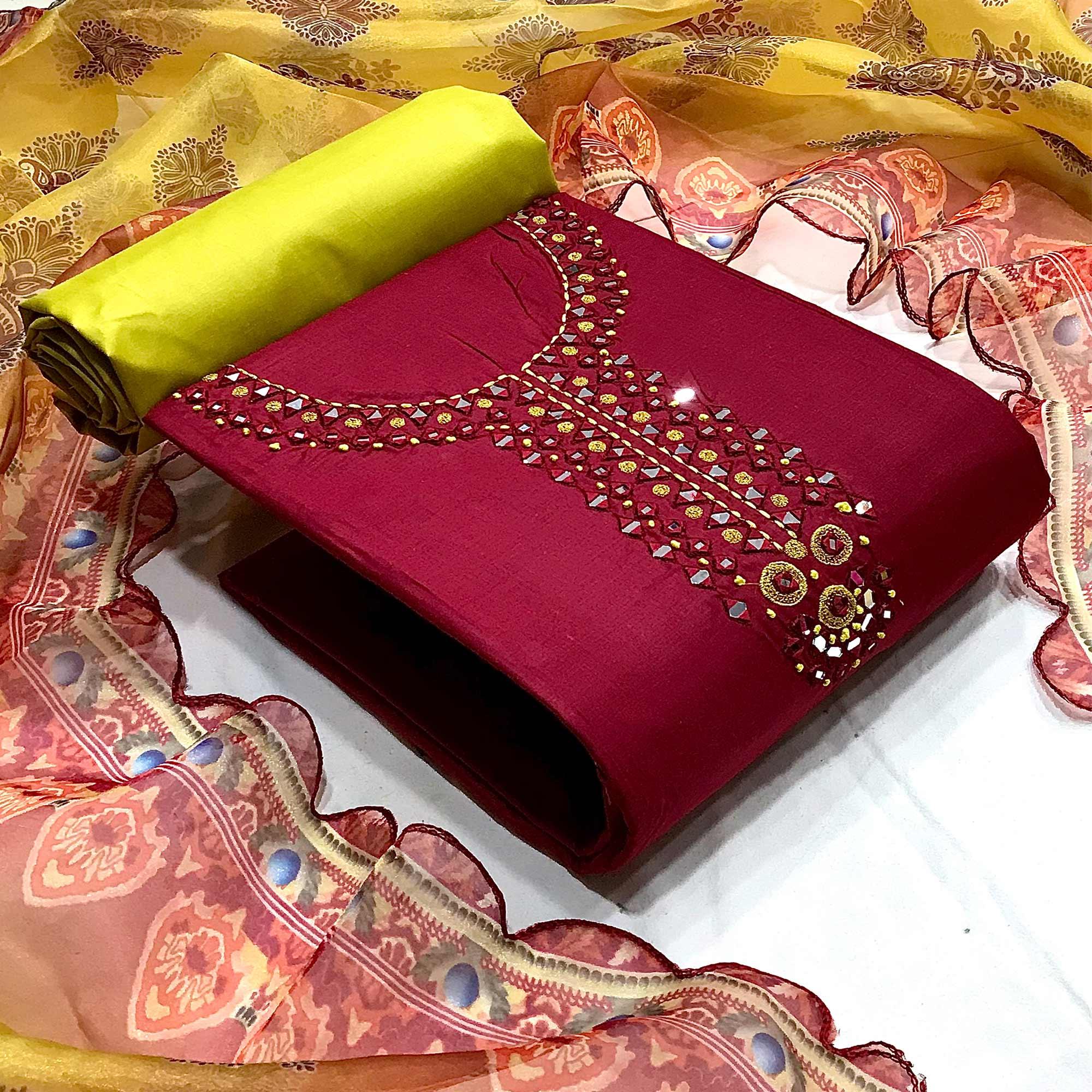 Maroon Casual Wear Embroidered Cotton Dress Material - Peachmode