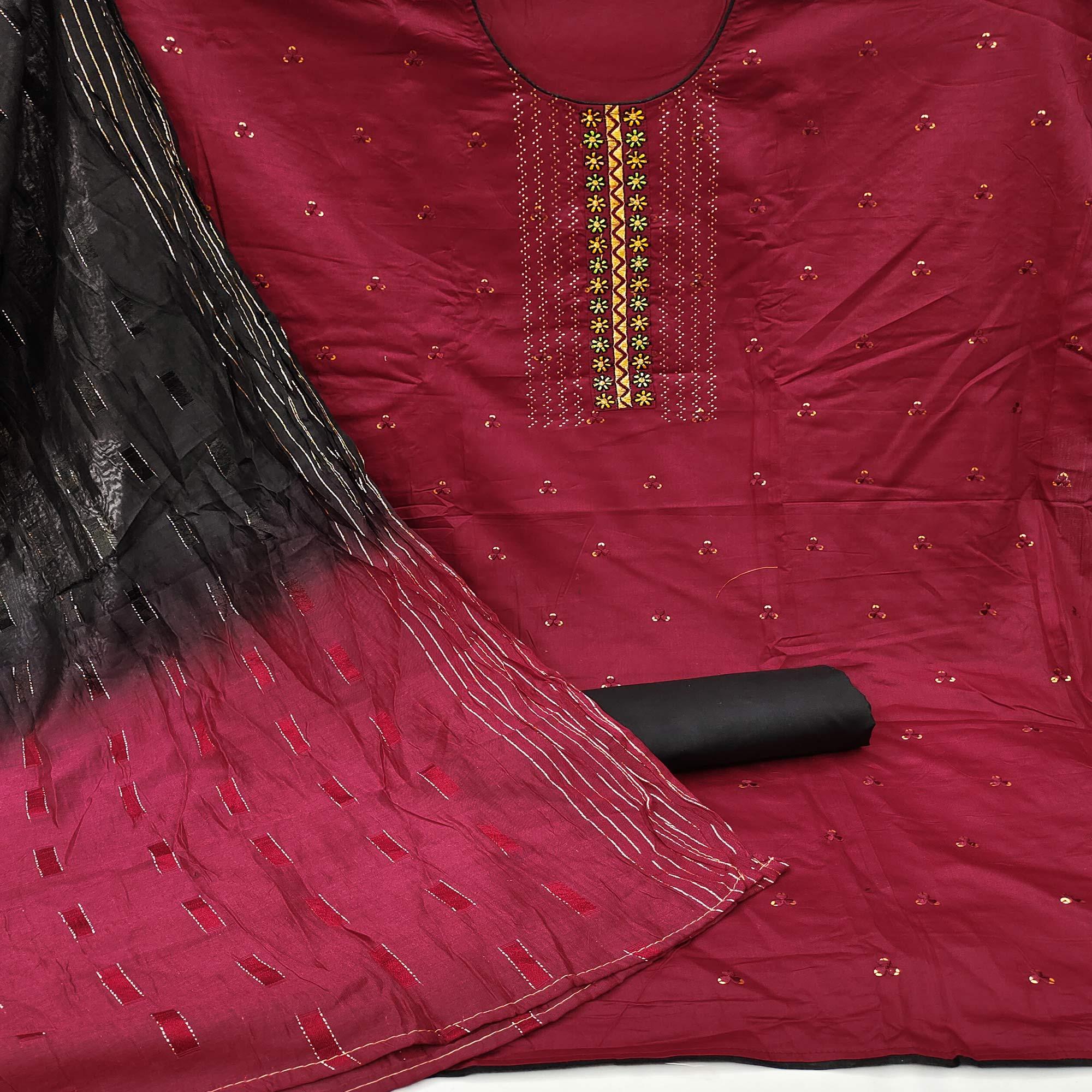 Maroon Casual Wear Embroidered Cotton Dress Material - Peachmode