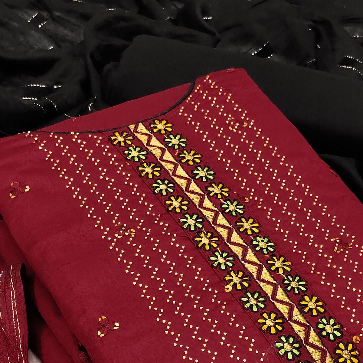 Maroon Casual Wear Embroidered Cotton Dress Material - Peachmode