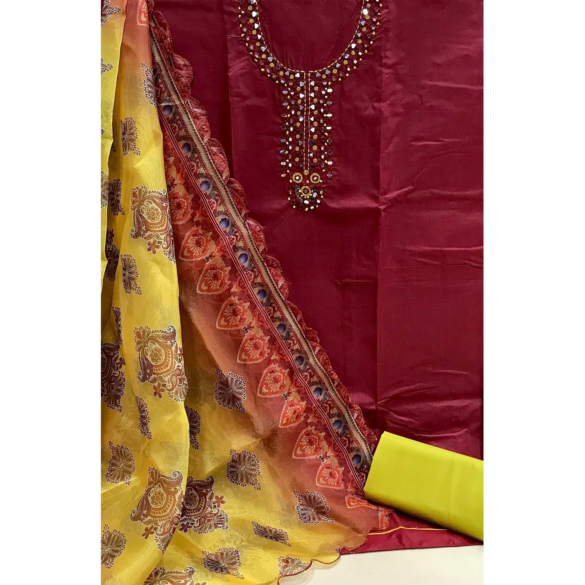 Maroon Casual Wear Embroidered Cotton Dress Material - Peachmode
