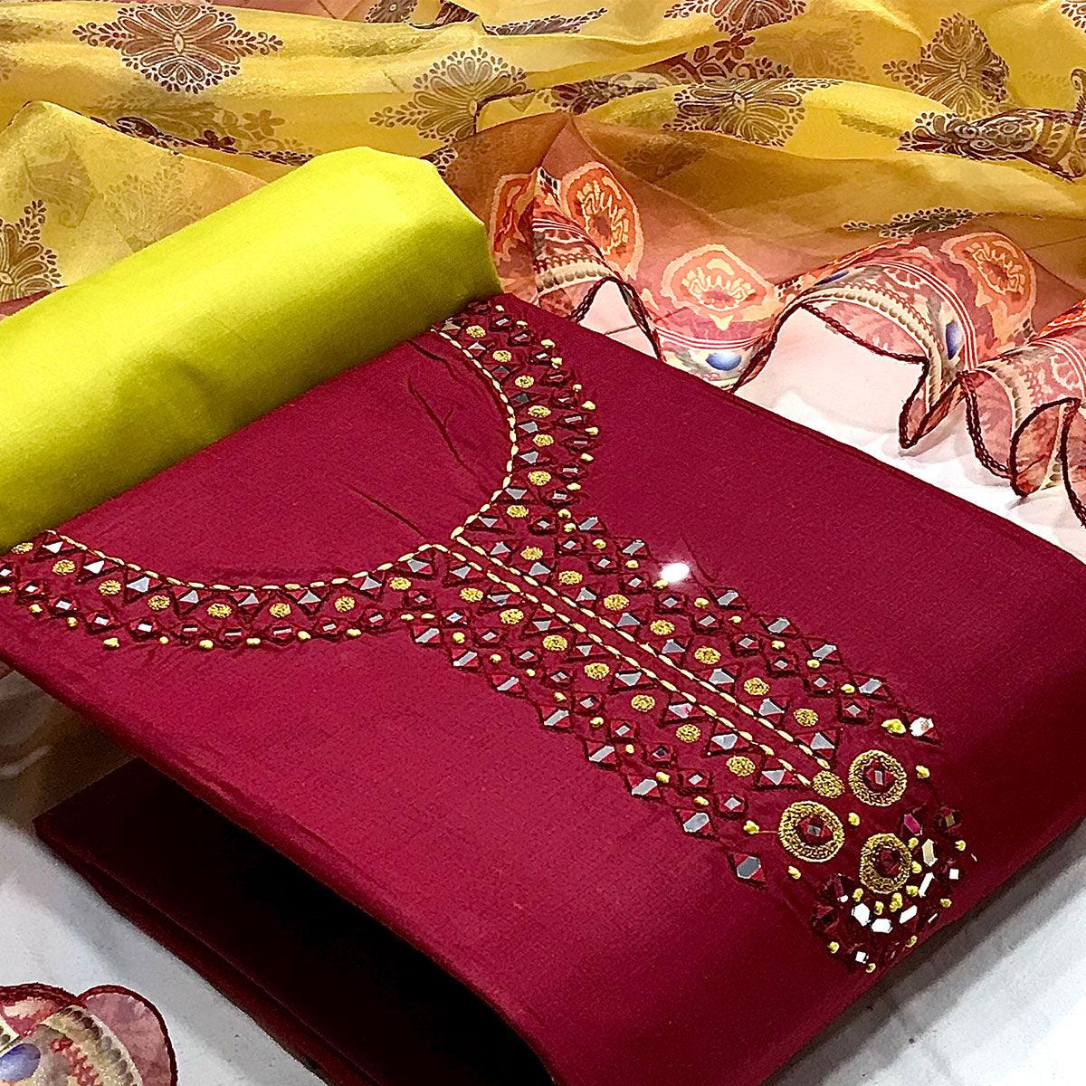 Maroon Casual Wear Embroidered Cotton Dress Material - Peachmode