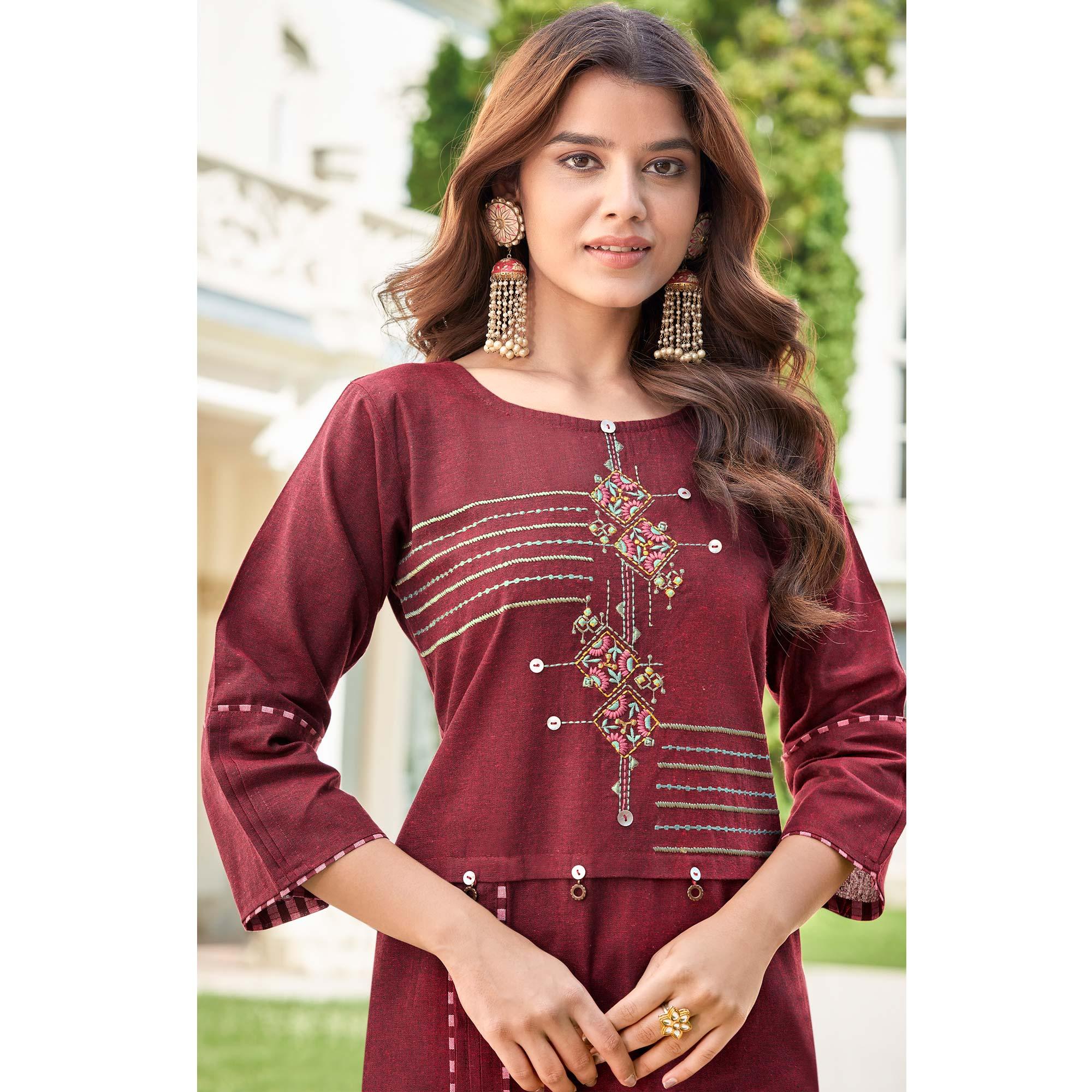 Maroon Casual Wear Embroidered Cotton Kurti Pant Set - Peachmode