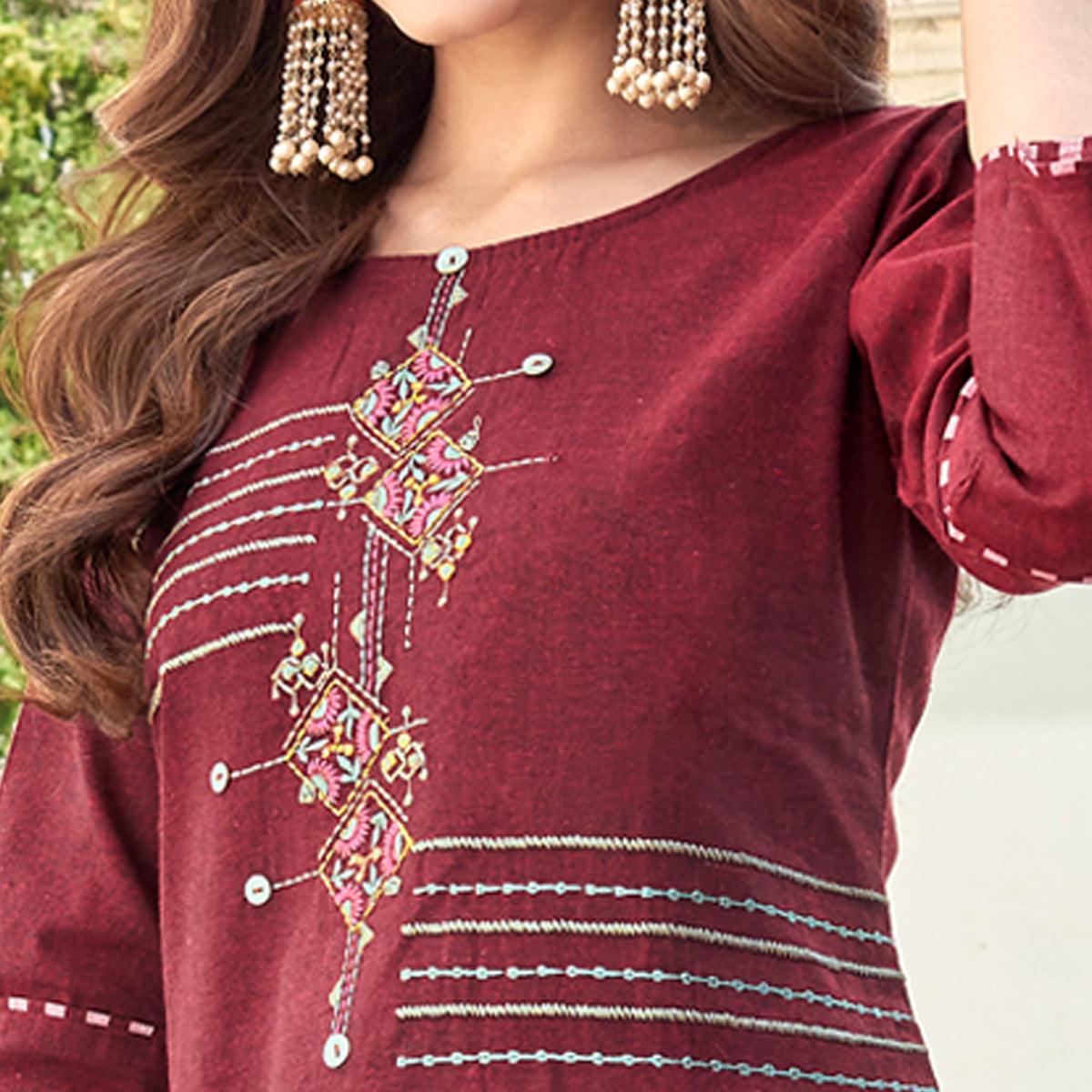 Maroon Casual Wear Embroidered Cotton Kurti Pant Set - Peachmode
