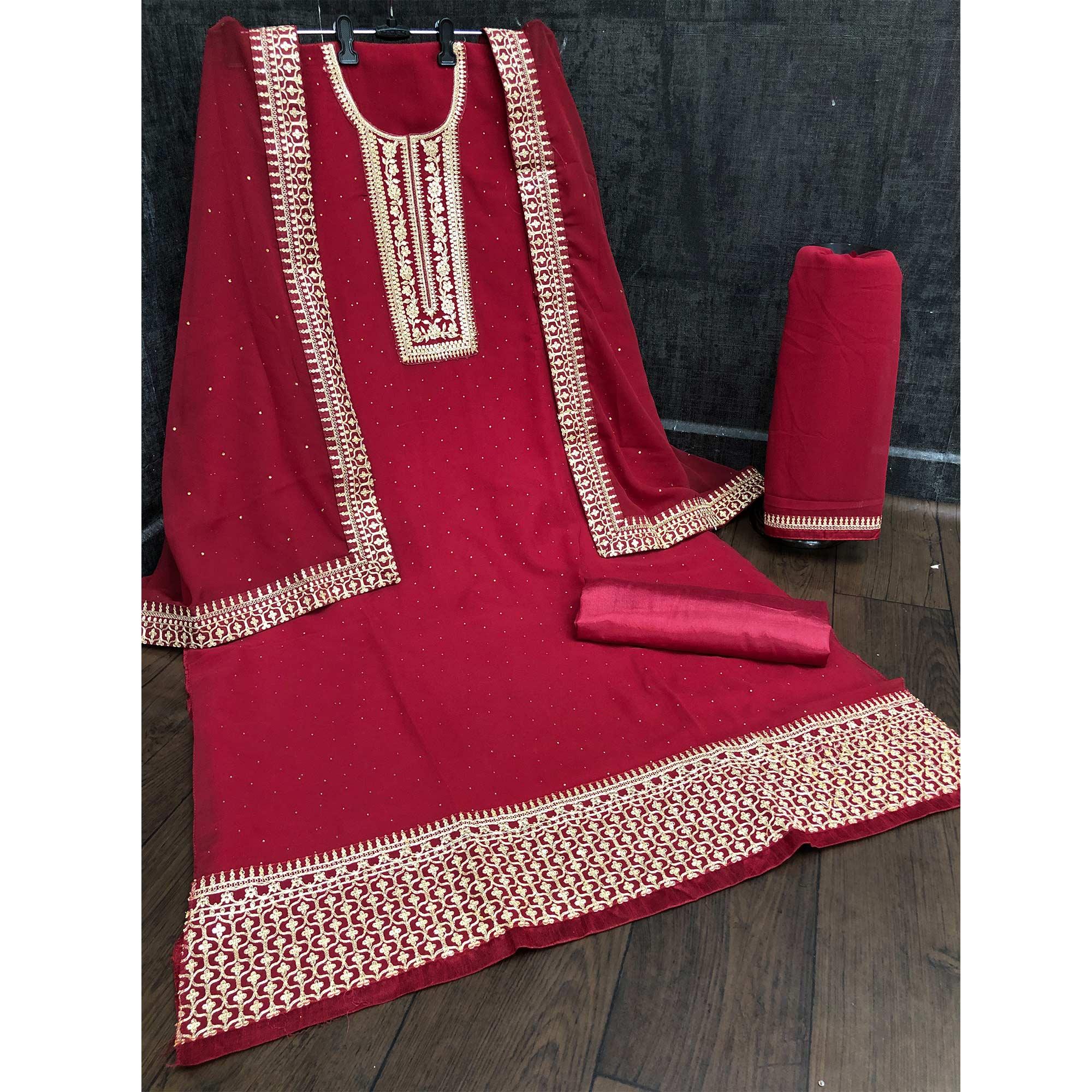 Maroon Casual Wear Embroidered Faux Georgette Salwar Suit - Peachmode