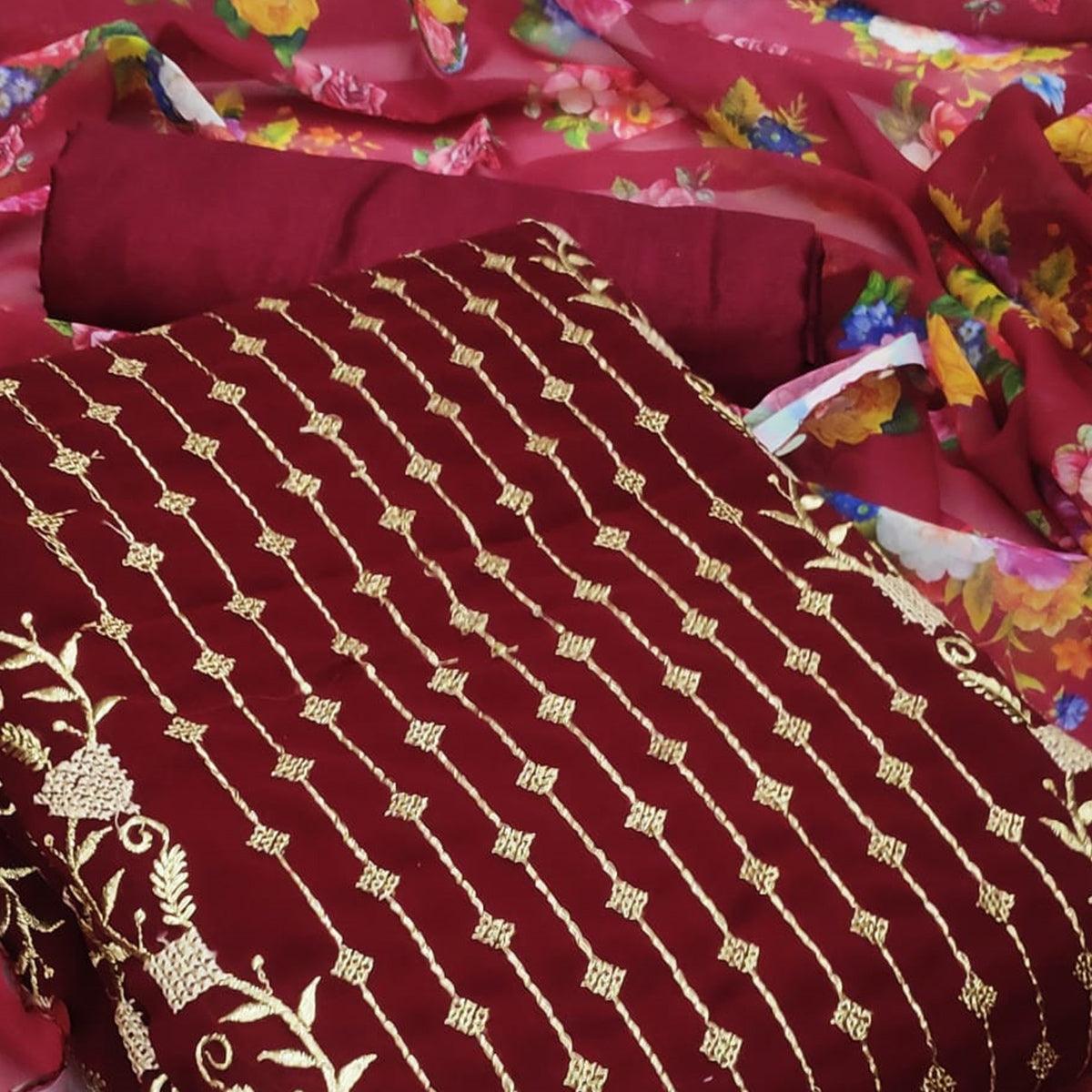 Maroon Casual Wear Embroidered Georgette Dress Material - Peachmode
