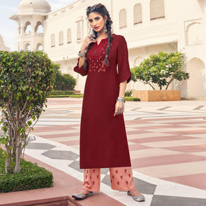 Maroon Casual Wear Embroidered Heavy Rayon Kurti - Palazzo Set - Peachmode