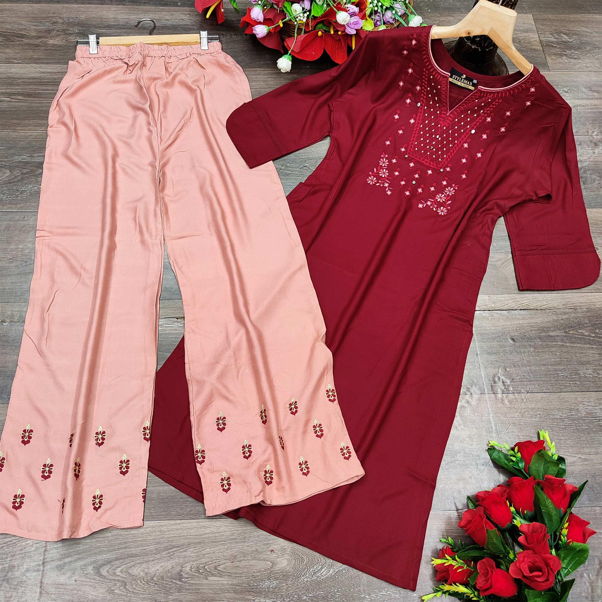 Maroon Casual Wear Embroidered Heavy Rayon Kurti - Palazzo Set - Peachmode