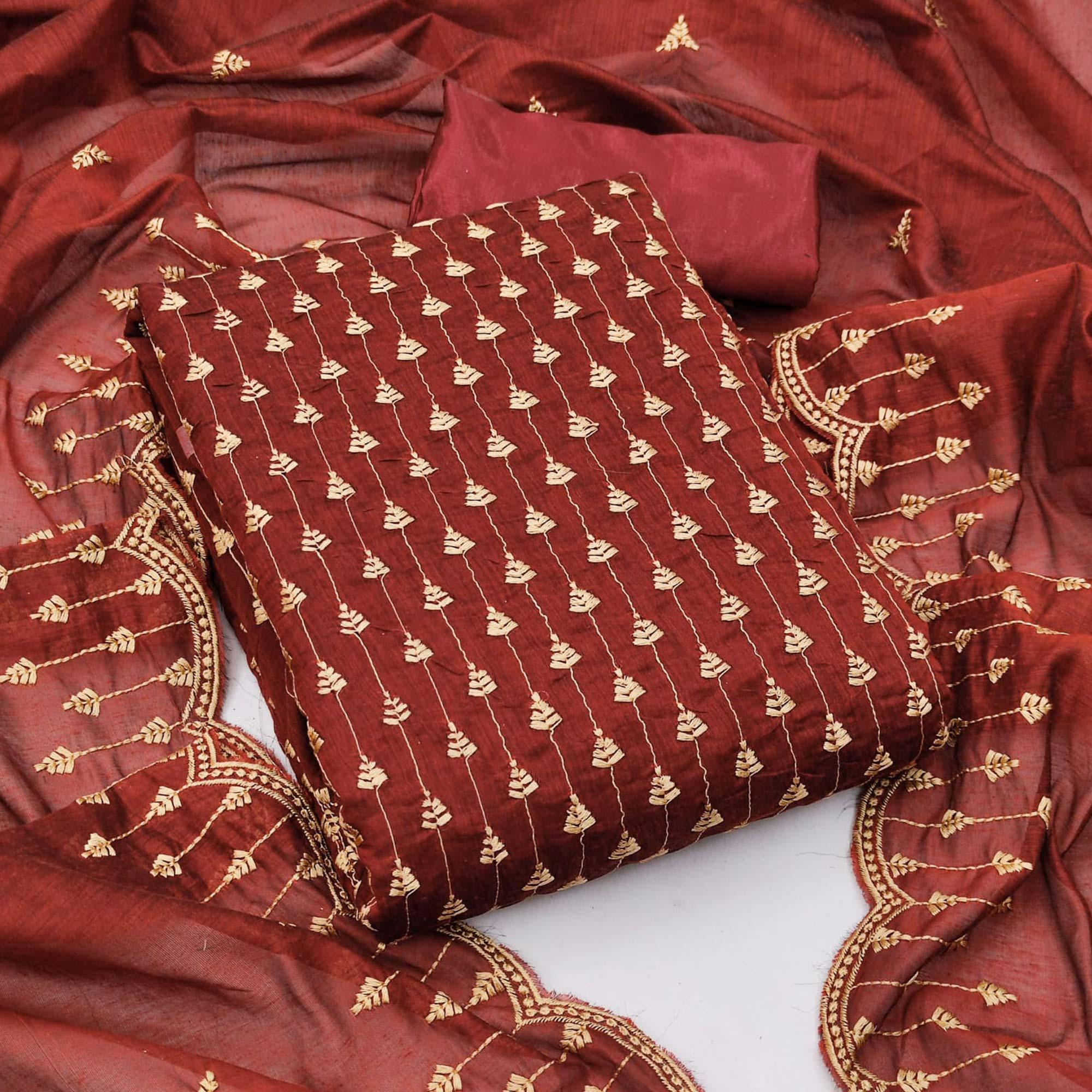 Maroon Casual Wear Embroidered Modal Chanderi Dress Material - Peachmode