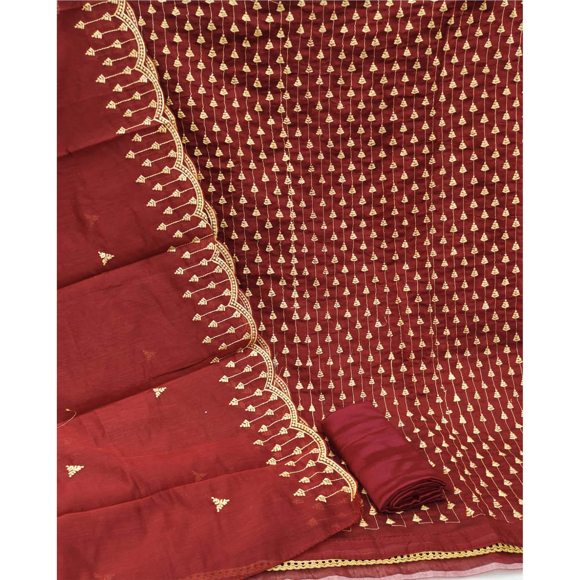 Maroon Casual Wear Embroidered Modal Chanderi Dress Material - Peachmode