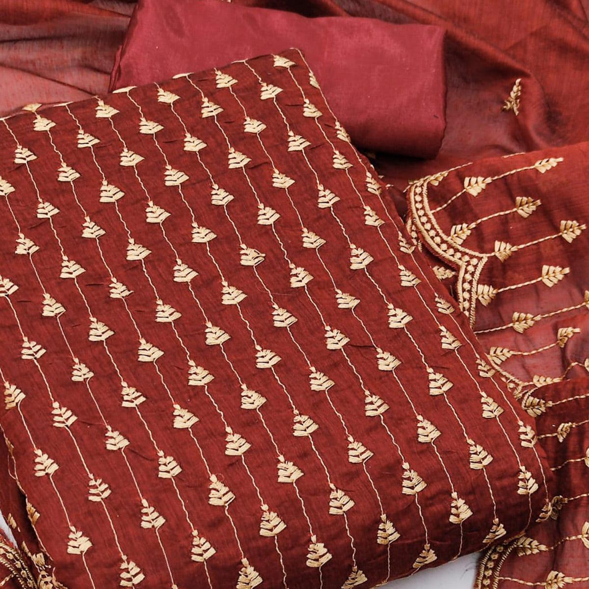Maroon Casual Wear Embroidered Modal Chanderi Dress Material - Peachmode