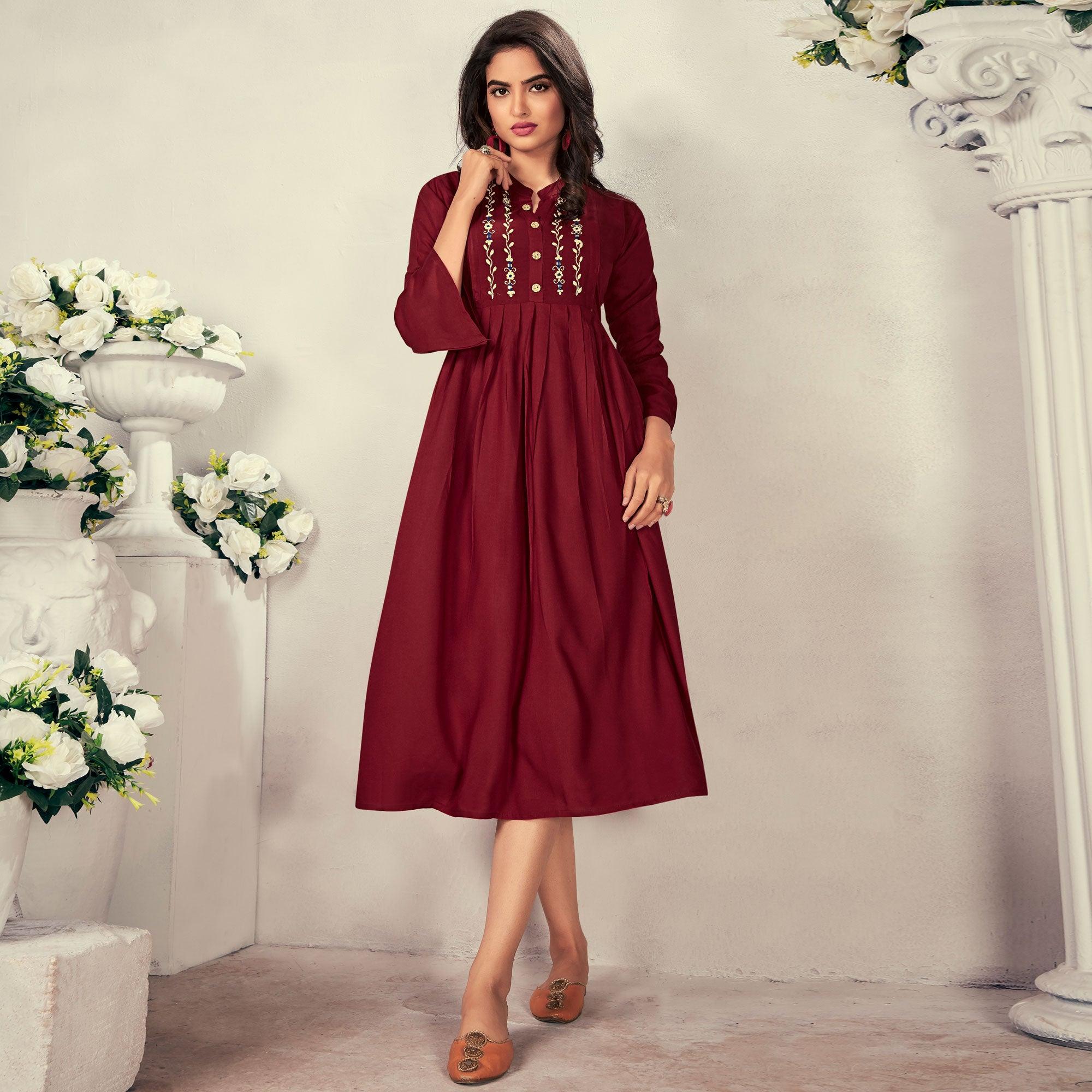 Maroon Casual Wear Embroidered Rayon Maternity Kurti - Peachmode