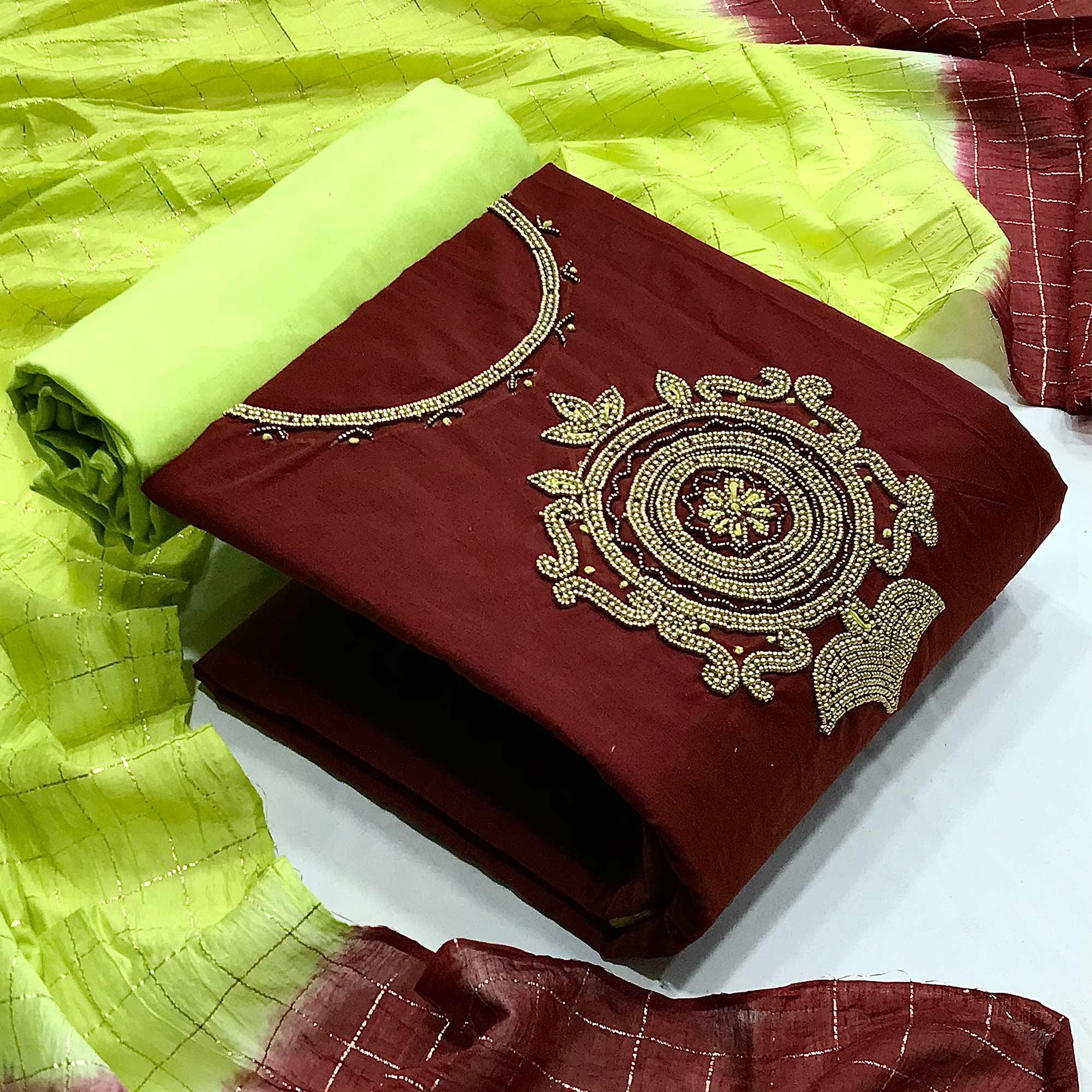 Maroon Casual Wear Floral embellished Handwork Chanderi Dress Material - Peachmode