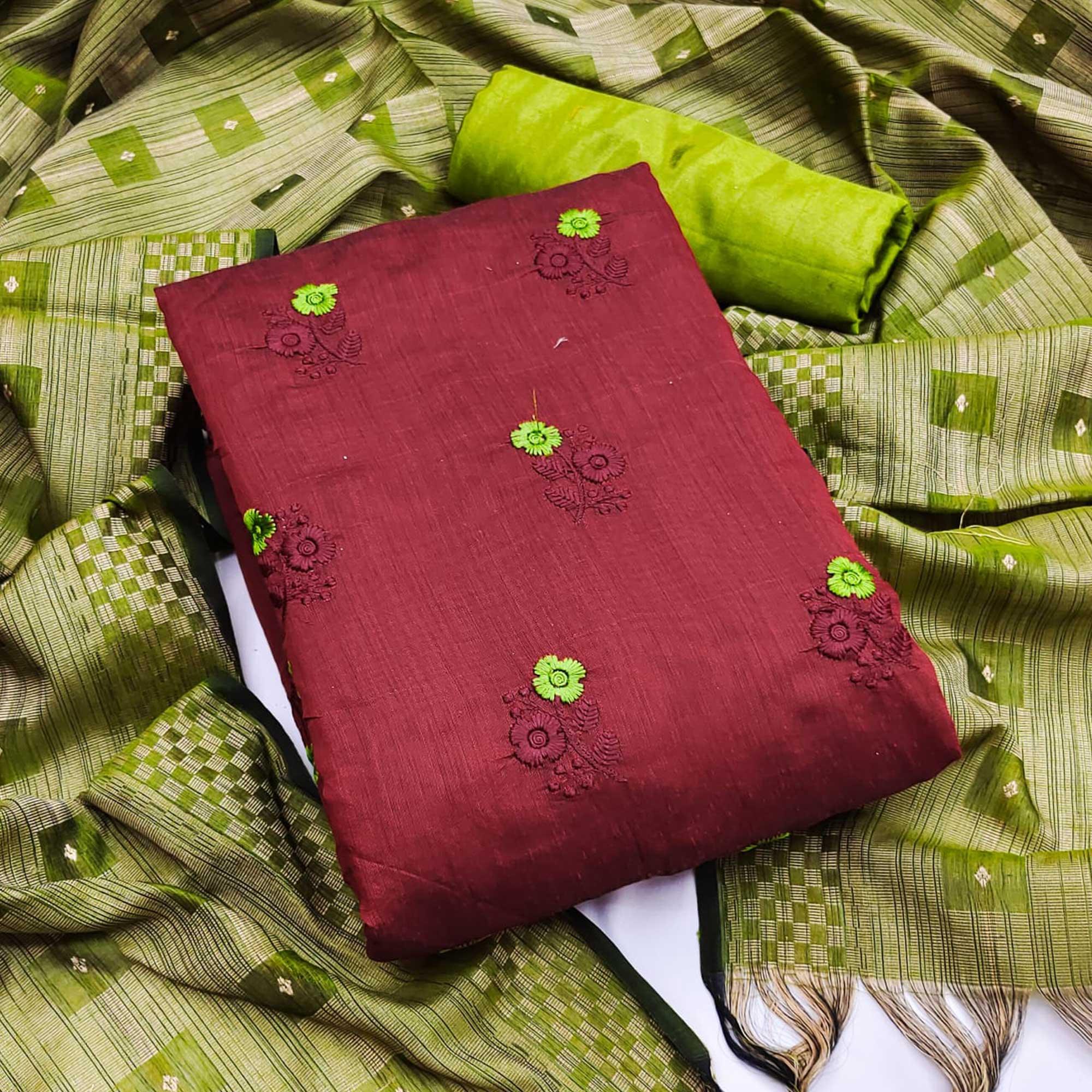 Maroon Casual Wear Floral Embroidered Chanderi Dress Material - Peachmode