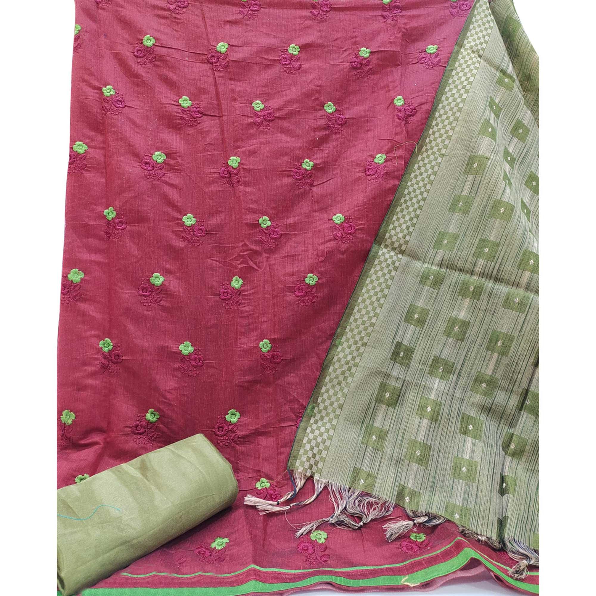 Maroon Casual Wear Floral Embroidered Chanderi Dress Material - Peachmode