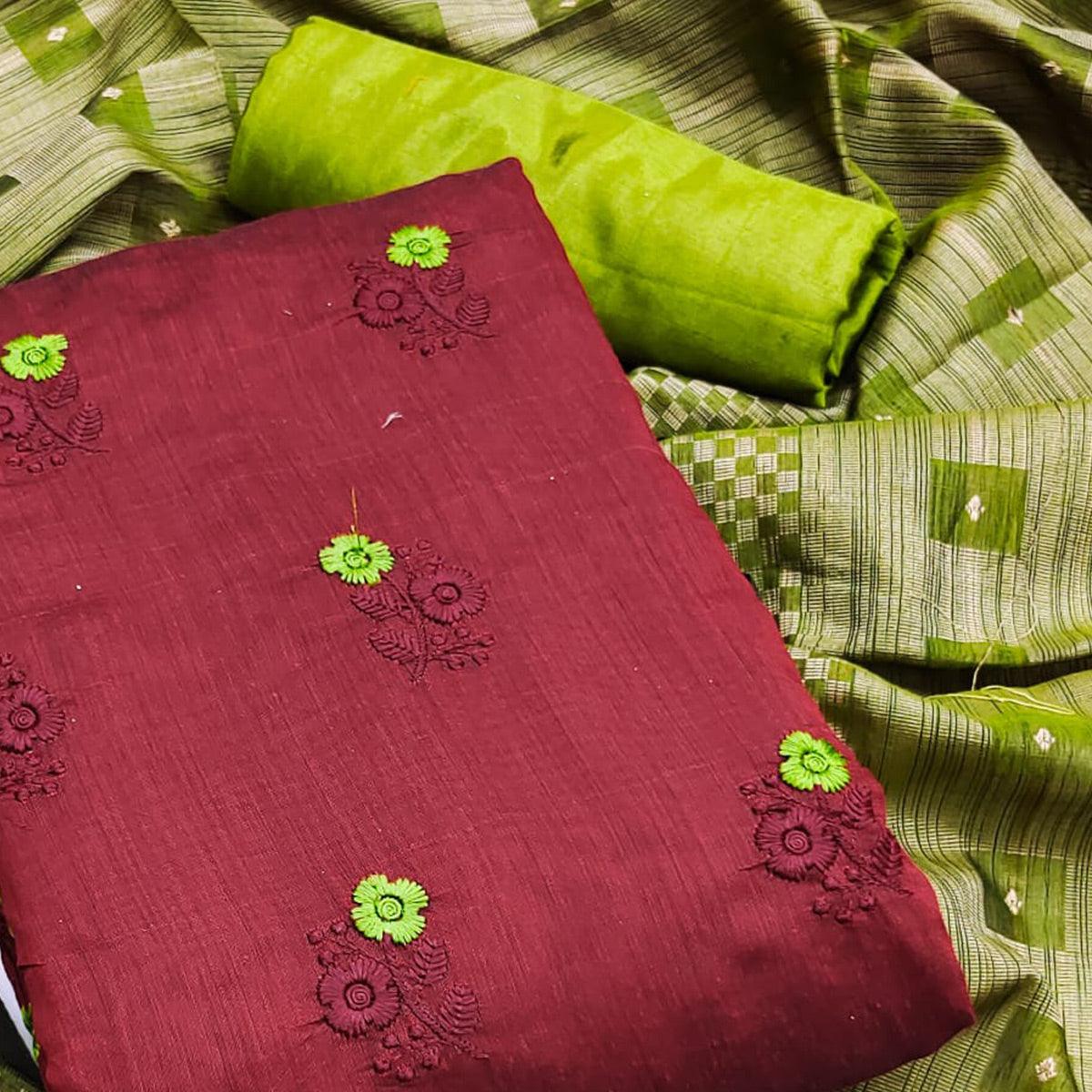 Maroon Casual Wear Floral Embroidered Chanderi Dress Material - Peachmode