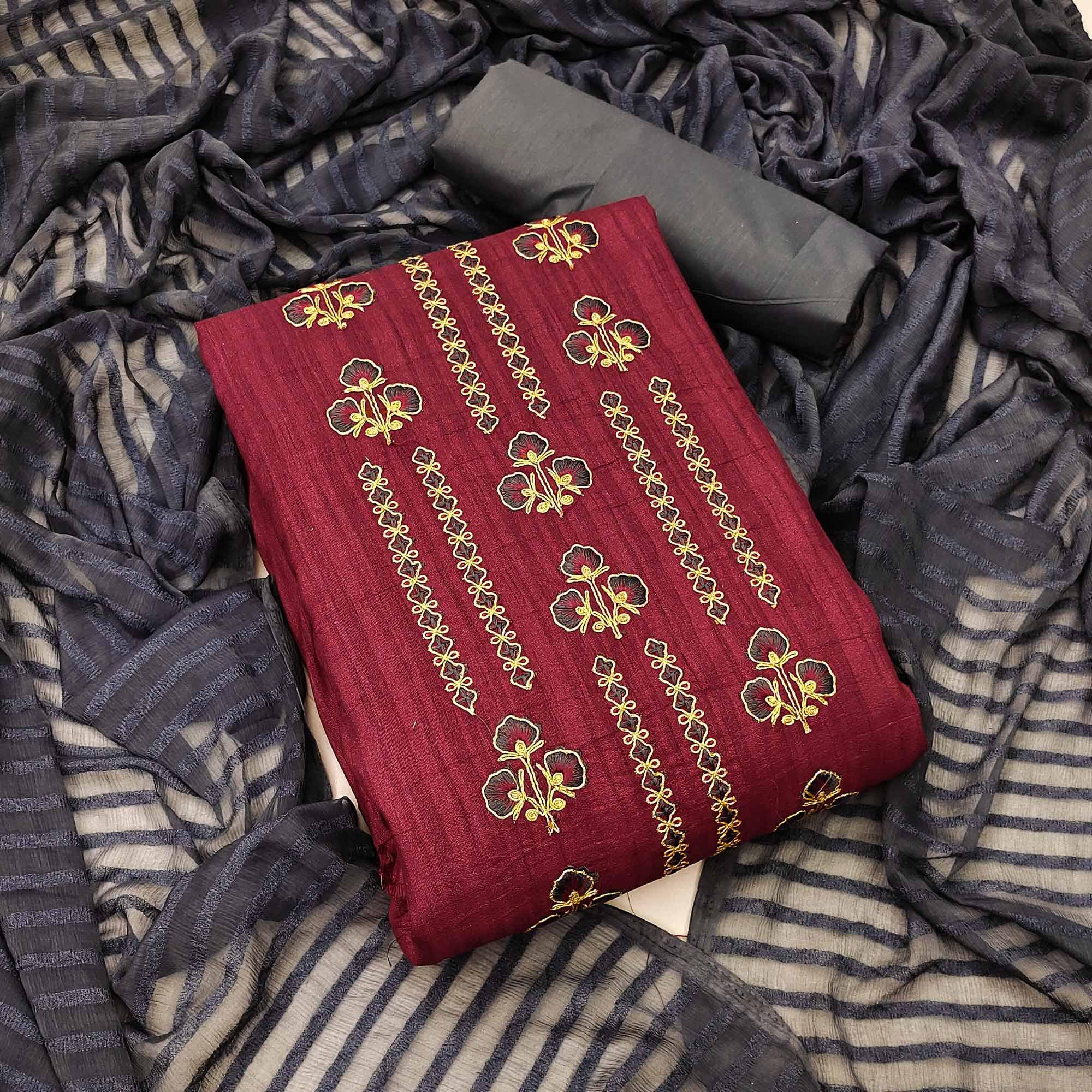 Maroon Casual Wear Floral Embroidered Cotton Silk Dress Material - Peachmode