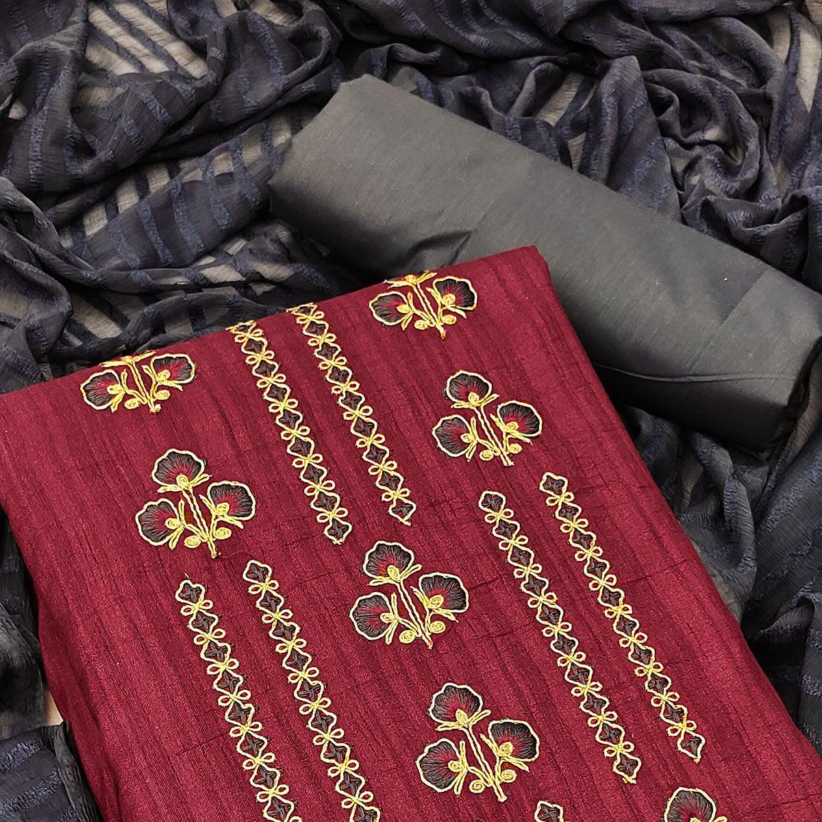 Maroon Casual Wear Floral Embroidered Cotton Silk Dress Material - Peachmode